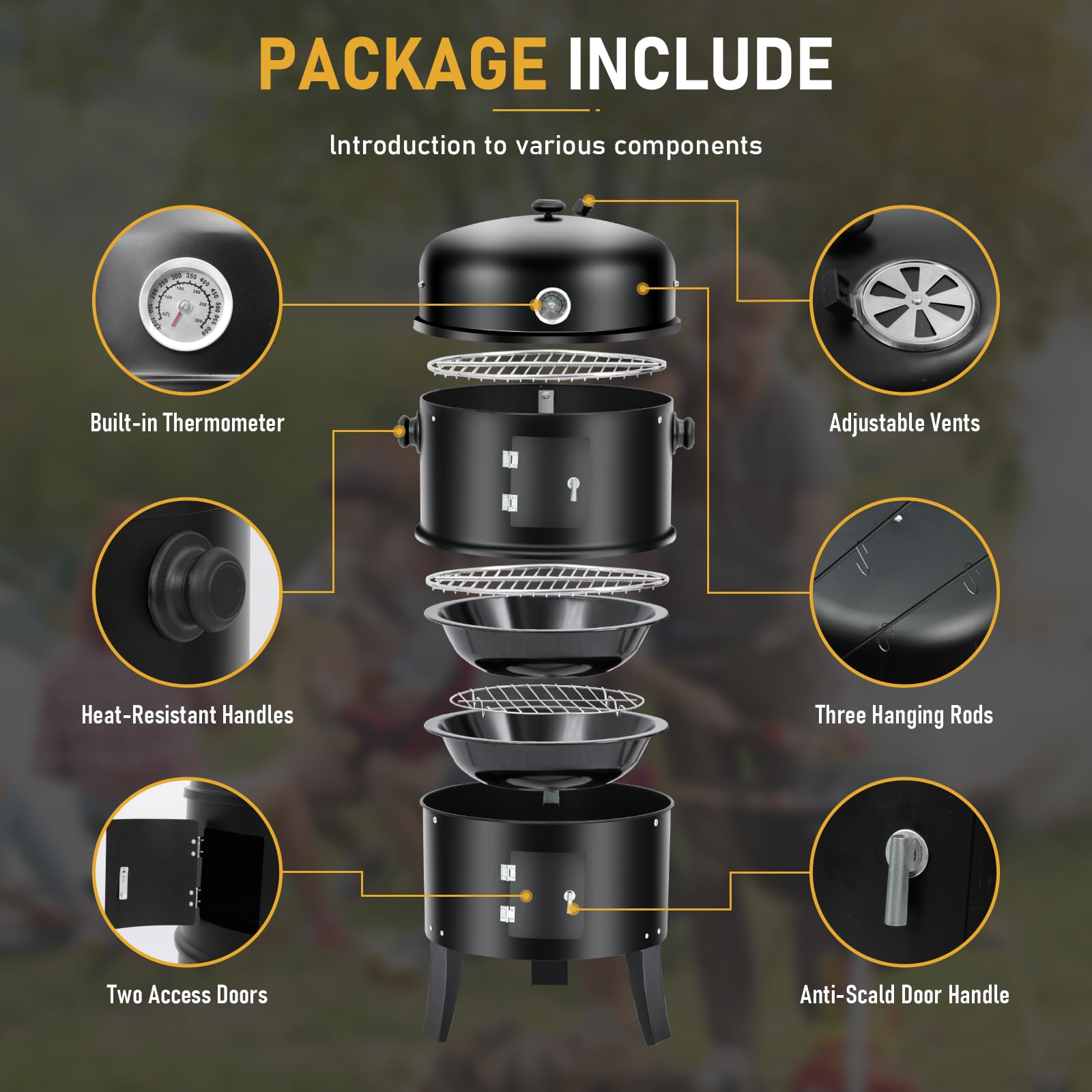 3-in-1 Vertical Charcoal Smoker Grill - 16 Inch Portable Outdoor BBQ Smoker with Built-in Thermometer, Air Vent & 2 Doors - Perfect for Backyard, Camping, Tailgating & Patio Parties
