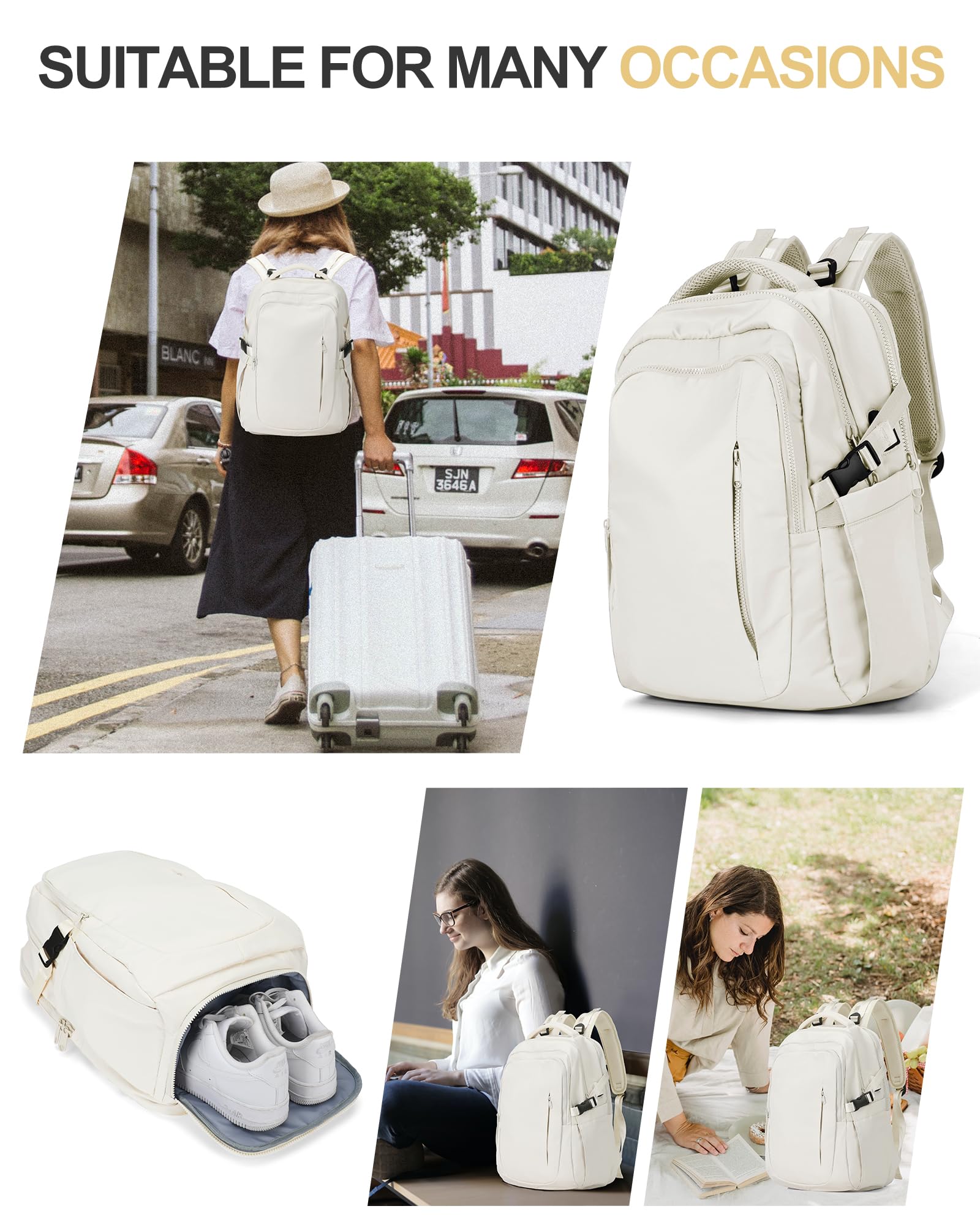 Suwasp Large Airline Approved Carry On Backpack for Women & Men - TSA Compliant Personal Item Bag for Frontier Airlines & Flights, Durable Travel Backpack with Spacious Compartments - Perfect for Business Trips, Weekend Getaways & Commuting (White)