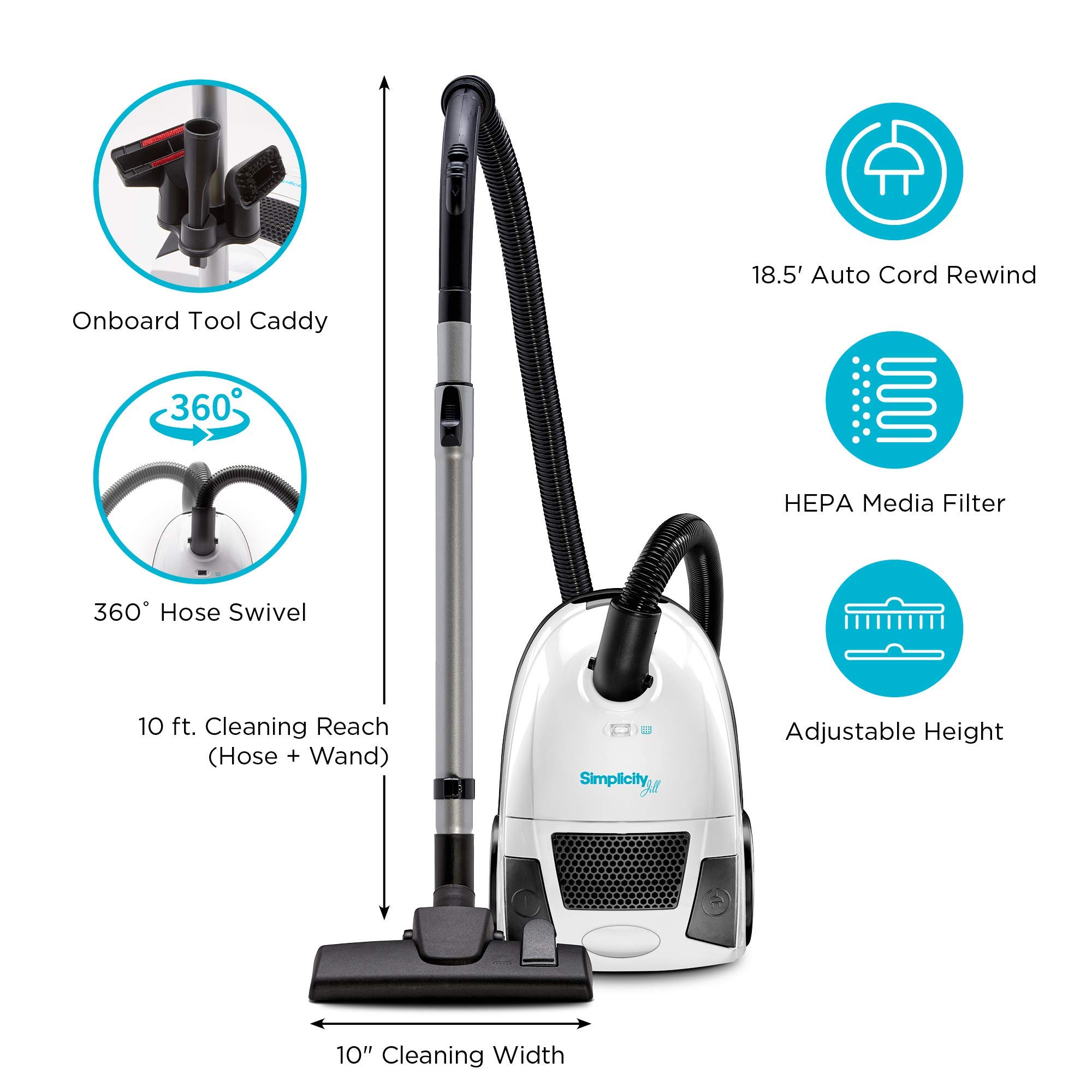Simplicity Jill Compact Canister Vacuum Cleaner with Pet Hair Tool | HEPA Filtration Bagged Vacuum for Hardwood Floors & Carpets | Lightweight Stair Cleaning | Ideal for Pet Owners & Allergy Sufferers | Perfect for Homes with Pets, Stairs & Mixed Flooring