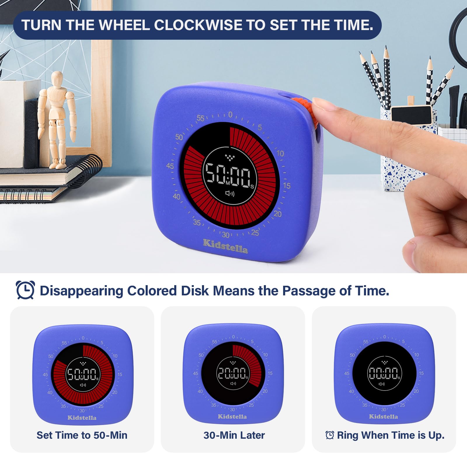 Rechargeable 60-Minute Visual Timer for Kids & Adults - 4 Alarm Modes, Silent Operation Pomodoro Timer for Classroom, Kitchen, Office - Autism & ADHD Focus Tool (Navy Blue) | Perfect for Time Management, Homework, Cooking & Productivity Tasks