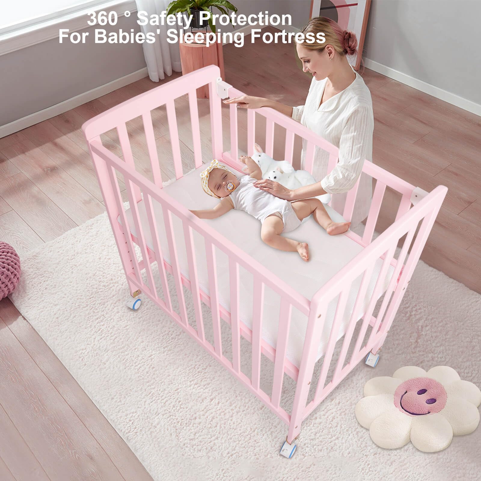 Portable Pine Wood Baby Bassinet Bedside Sleeper - Adjustable 6 Height Crib with Mattress for Newborns 0-12 Months, Space-Saving Nursery Bed for Girls (Pink) - Perfect for Co-Sleeping, Nursery Rooms & Small Spaces