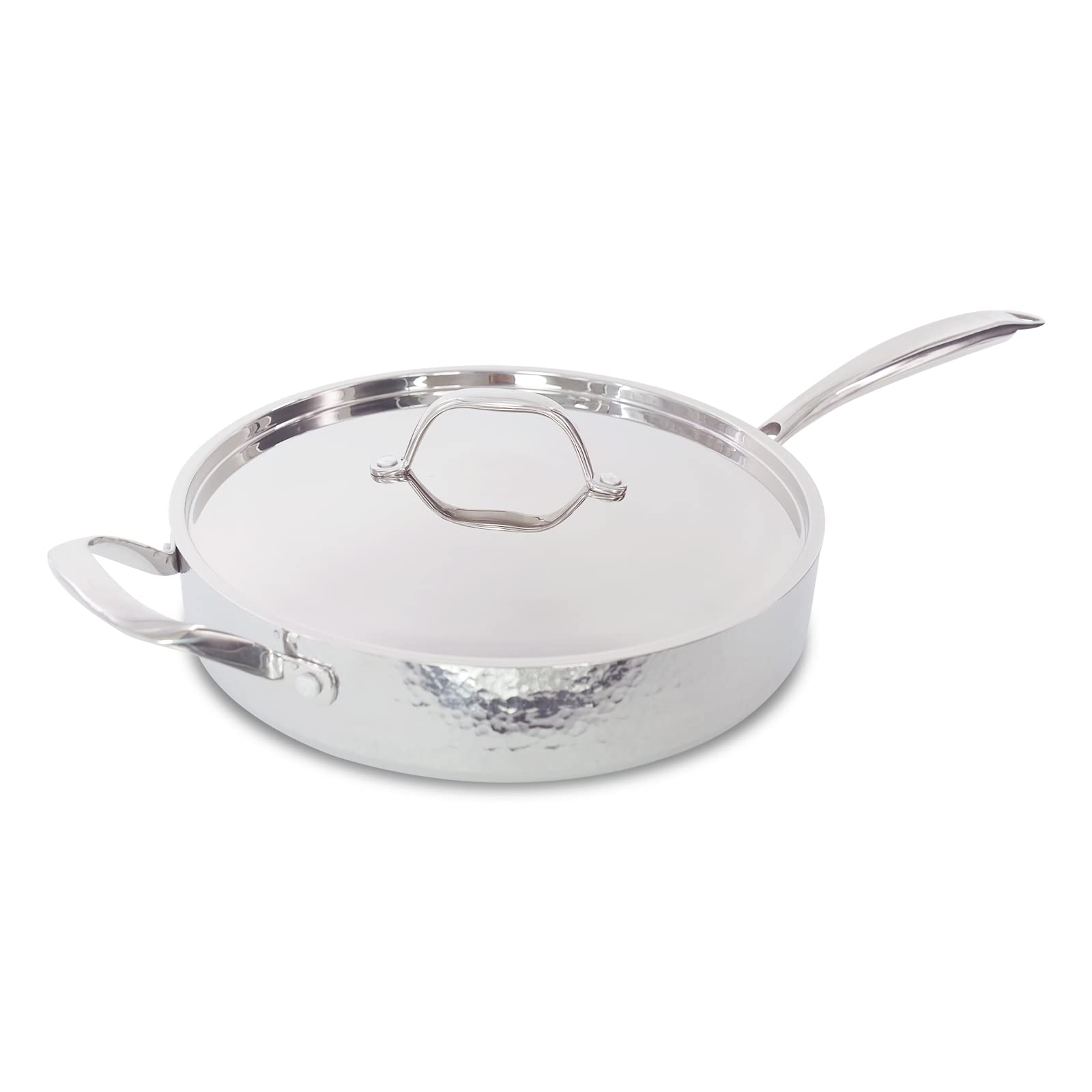11-inch Handmade Hammered Stainless Steel Deep Frying Pan with Lid - PFOA Free, Induction Compatible, Dishwasher & Oven Safe - Perfect for Baking, Sautéing & Chef Cooking