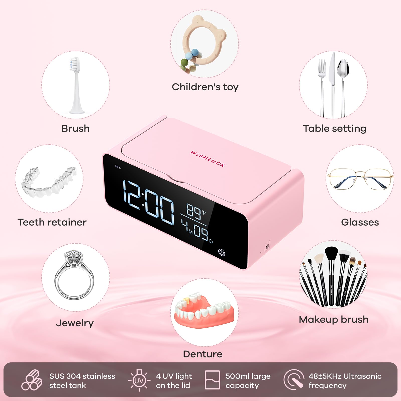 Professional Jewelry Cleaner Machine - 48KHz/24W Ultrasonic Cleaner with 500ml Stainless Steel Tank & LED Display | Perfect for Jewelry, Rings, Diamonds, Watches & Eyeglasses | Compact Tabletop Design with Alarm Clock (Pink) - Ideal for Home Use, Jewelry Stores & Gift Shops