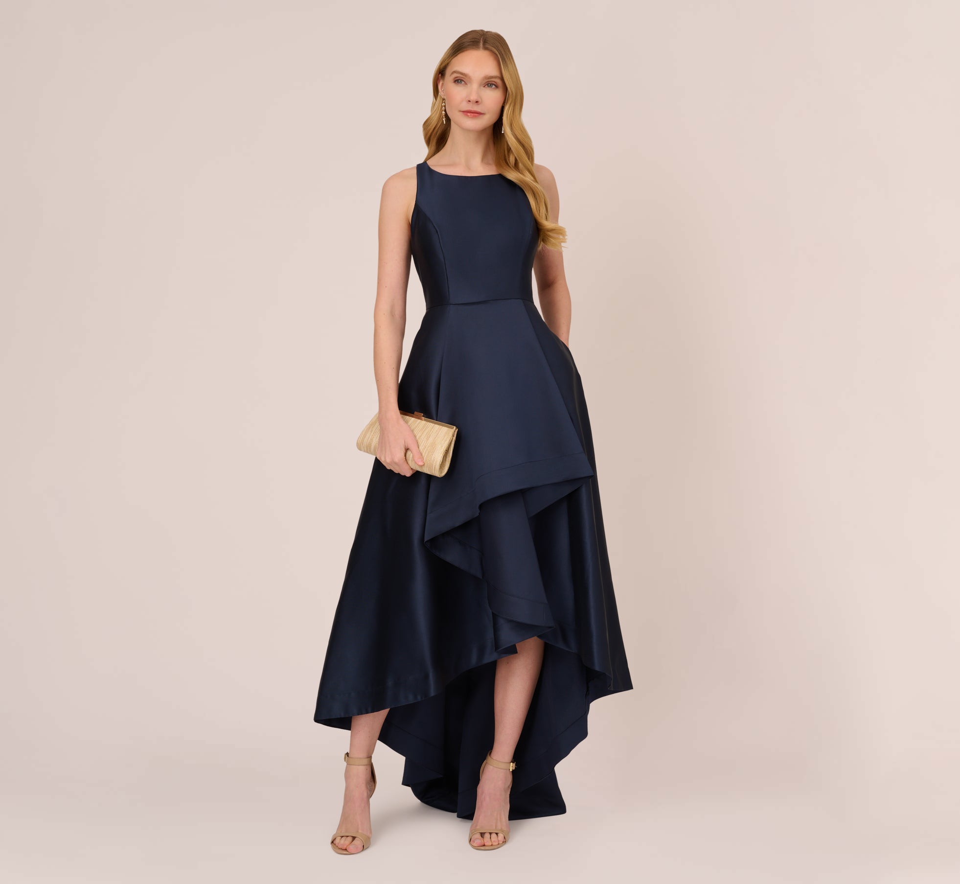Elegant High Low Mikado Gown with Asymmetrical Detail in Midnight Blue - Perfect for Evening Galas, Prom Dances & Formal Weddings