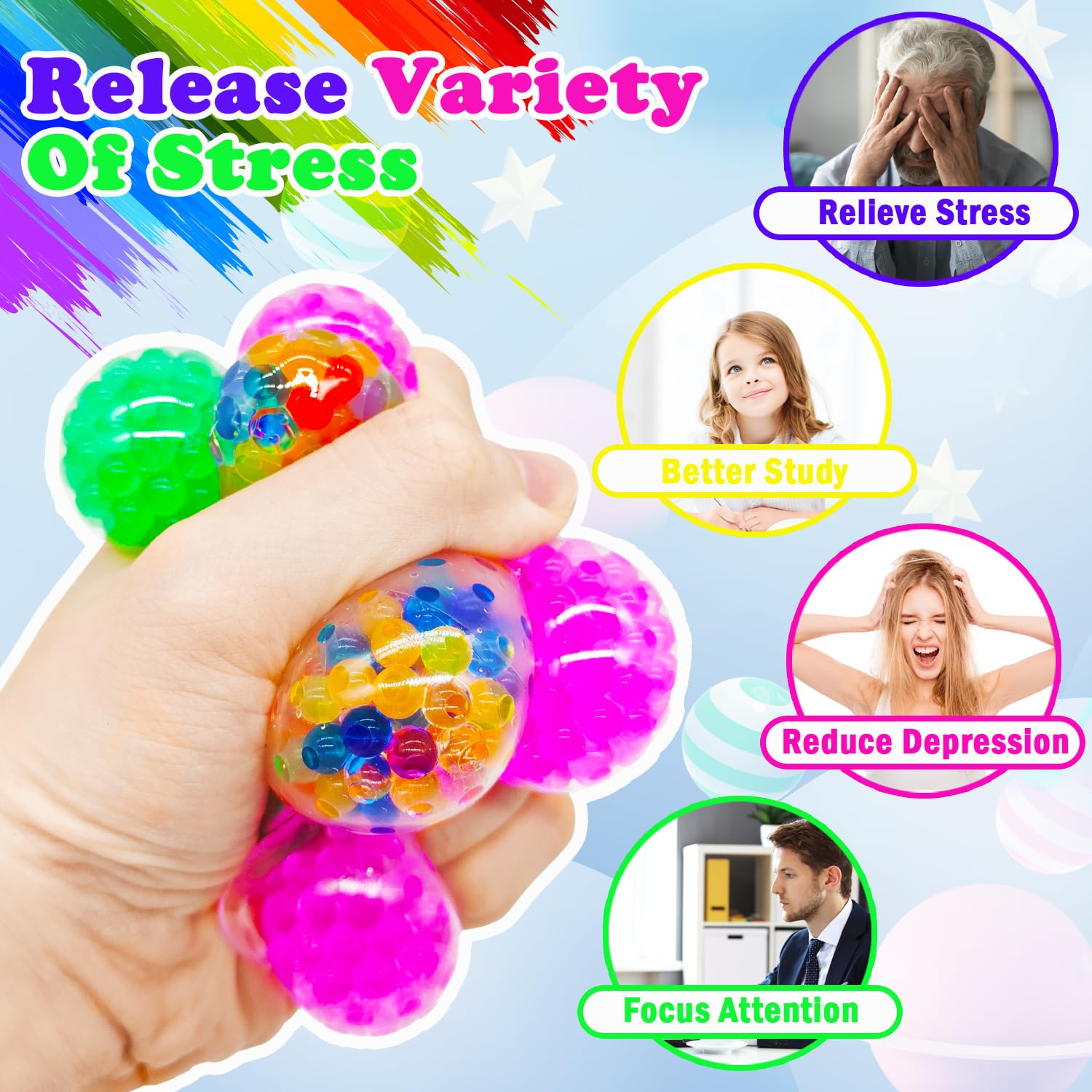 4-Piece Stress Relief Ball Set - Sensory Fidget Toys for Adults & Kids - Squishy Anti-Anxiety Toys for Birthday, Christmas Gifts - Perfect for Office, School, and Home Relaxation