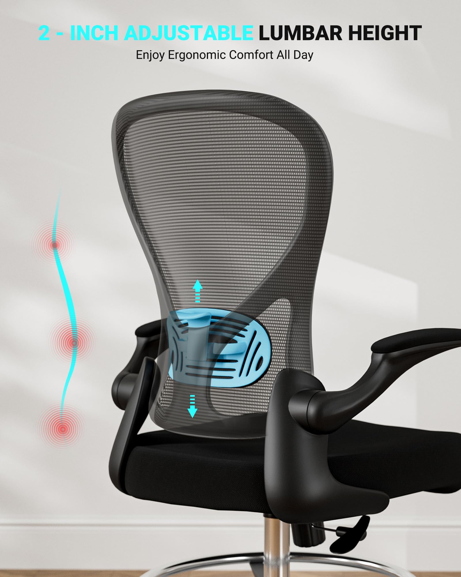 Ergonomic Drafting Chair - Adjustable Height Office Chair for Standing Desk with Breathable Mesh Back, Supports Up to 400 lbs - Perfect for Artists, Architects & Counter-Height Workstations (Black)