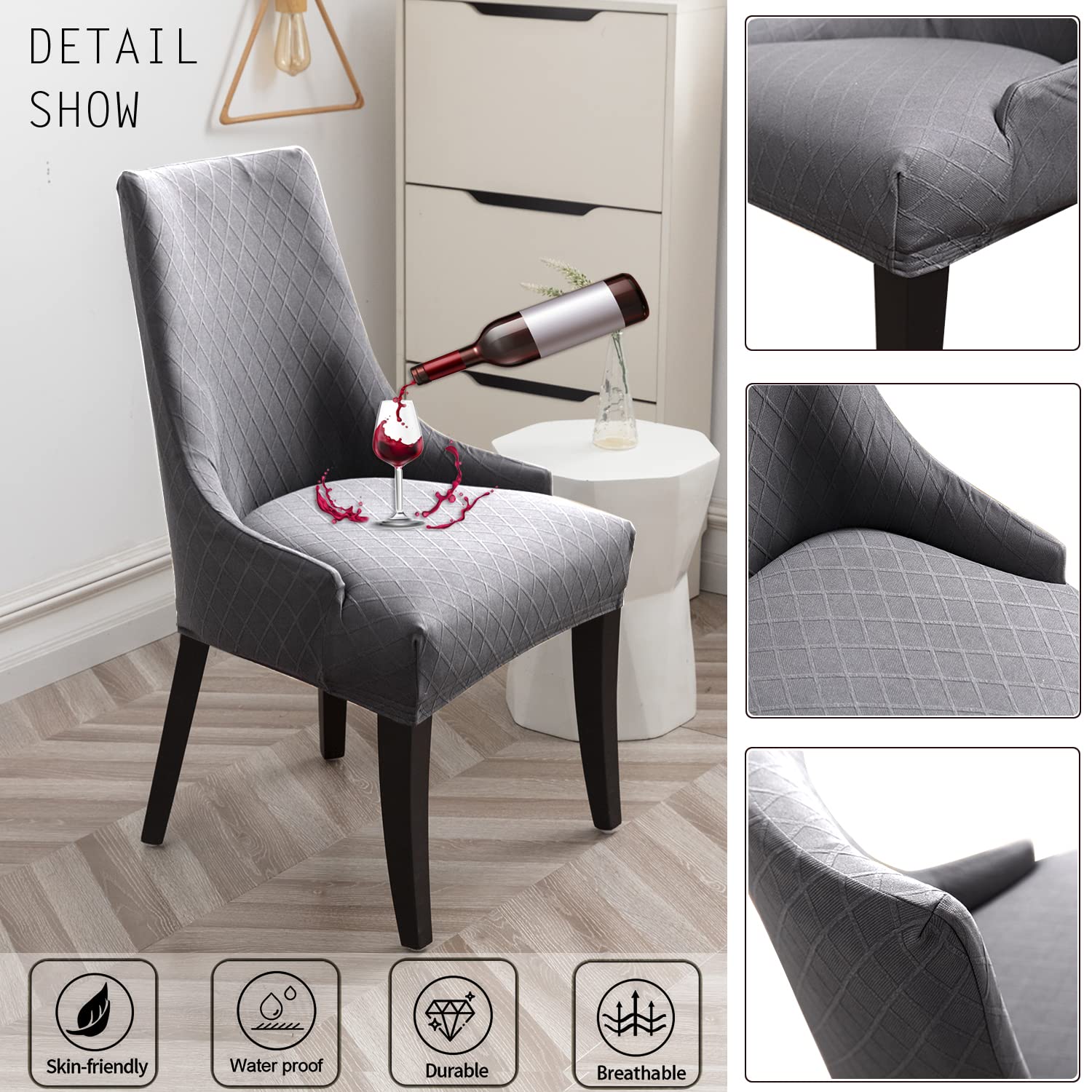 Stretch Rhombic Geometric Wingback Chair Slipcovers - Washable & Reusable Armchair Protector Covers for Dining Room, Living Room, Office (Light Grey, Set of 2) | Home Decor & Furniture Protection