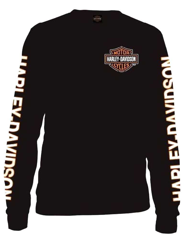 Harley-Davidson Men's Long Sleeve Bar & Shield Graphic T-Shirt - Black with Orange Logo - 30291744 - Perfect for Motorcycle Rides, Casual Outings & Biker Events