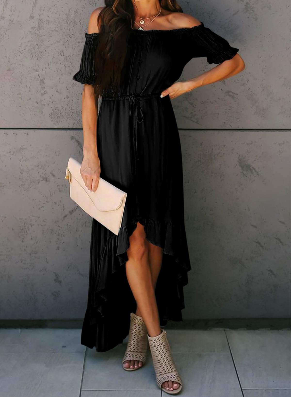 Dokotoo Women's 2025 Off Shoulder Casual Short Sleeve Maxi Dress - High Low Solid Cocktail Skater Dress for Summer Beach Party & Evening Out