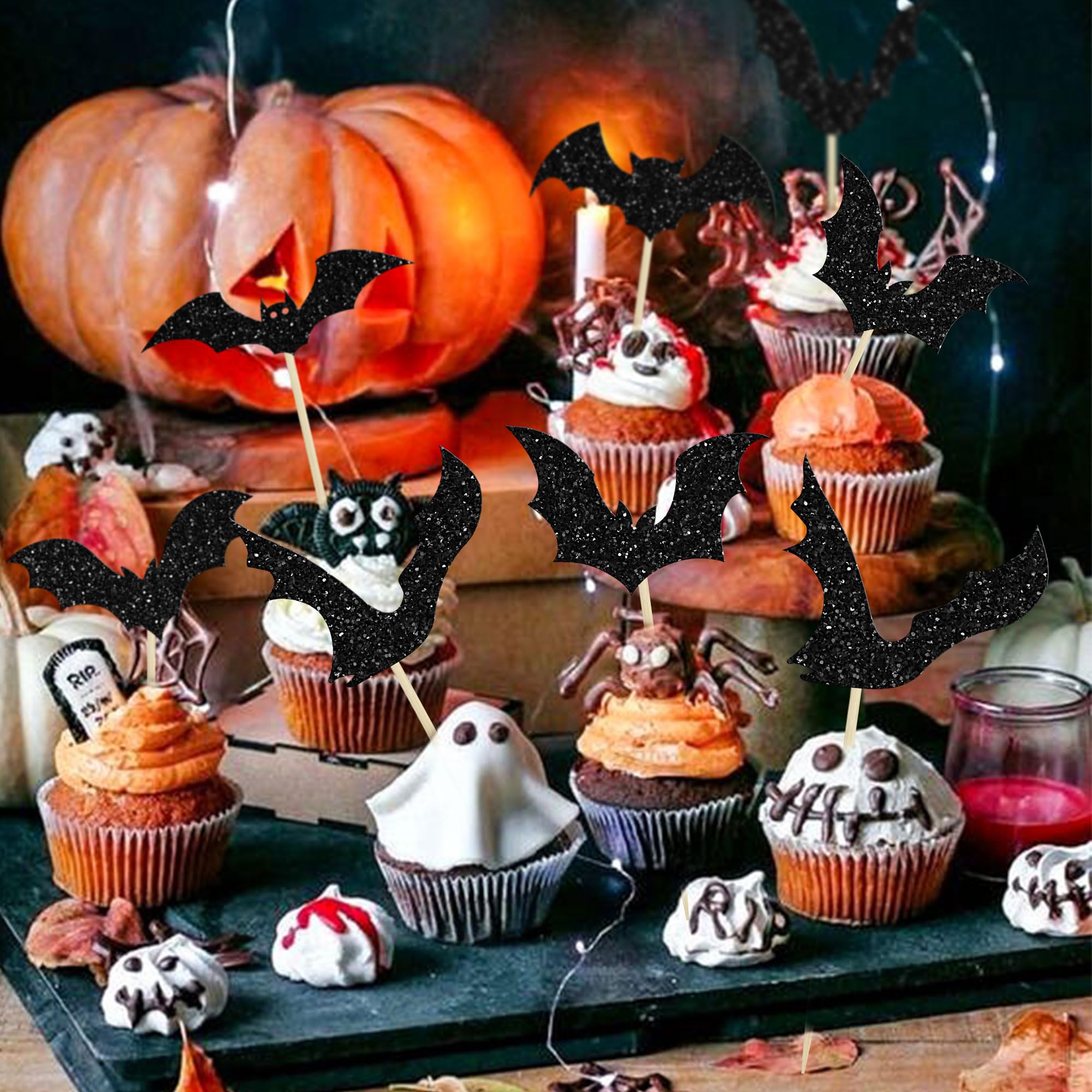 24Pcs Black Glitter Halloween Bat Cupcake Toppers - Spooky Cake Decorations for Halloween Parties, Baby Showers & Kids Birthday Cakes - Perfect for Themed Desserts and Holiday Baking