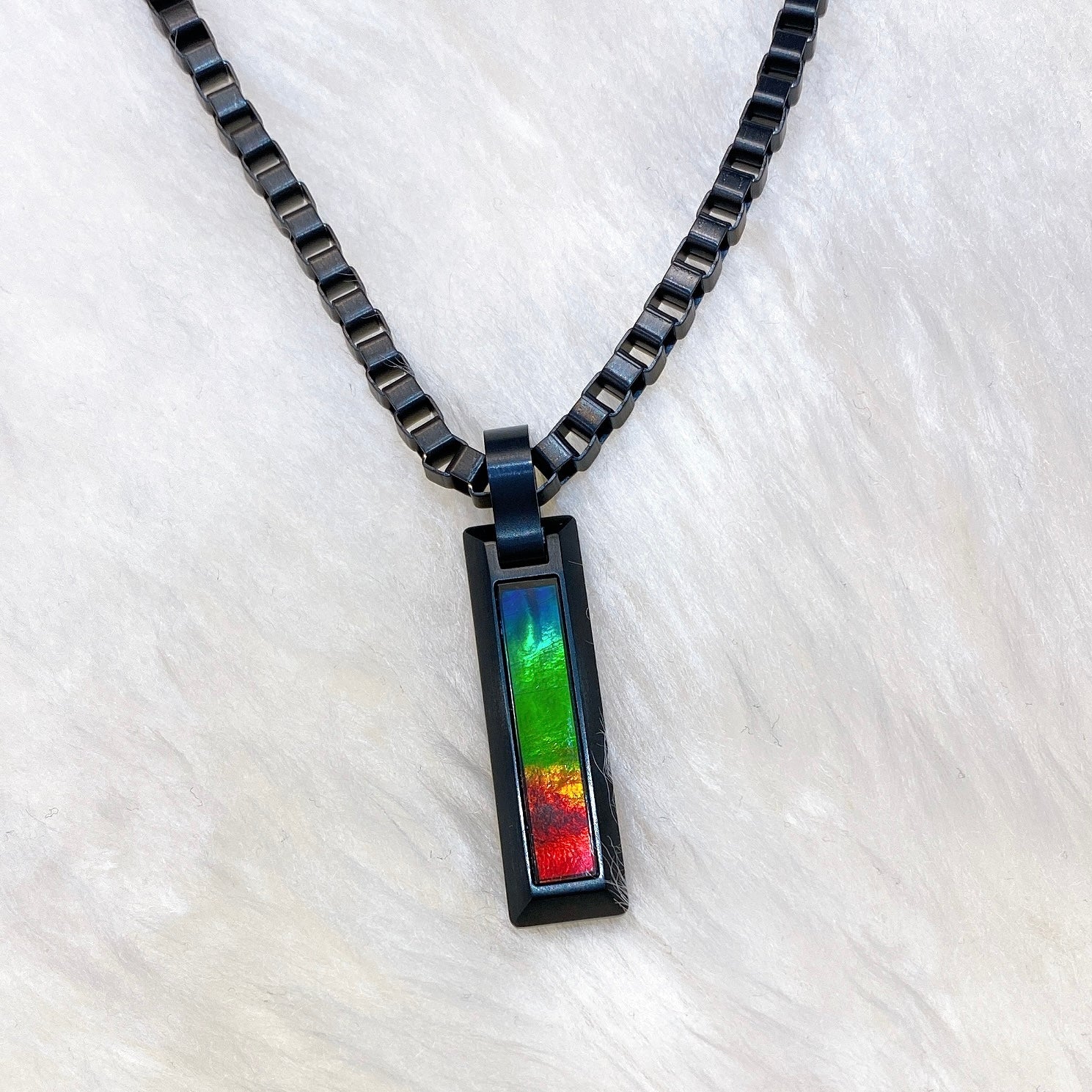 Matte Black Titanium Ammolite Pendant Bracelet for Men - Midnight Collection by Korite | Stylish Gift for Him, Anniversary & Formal Occasions