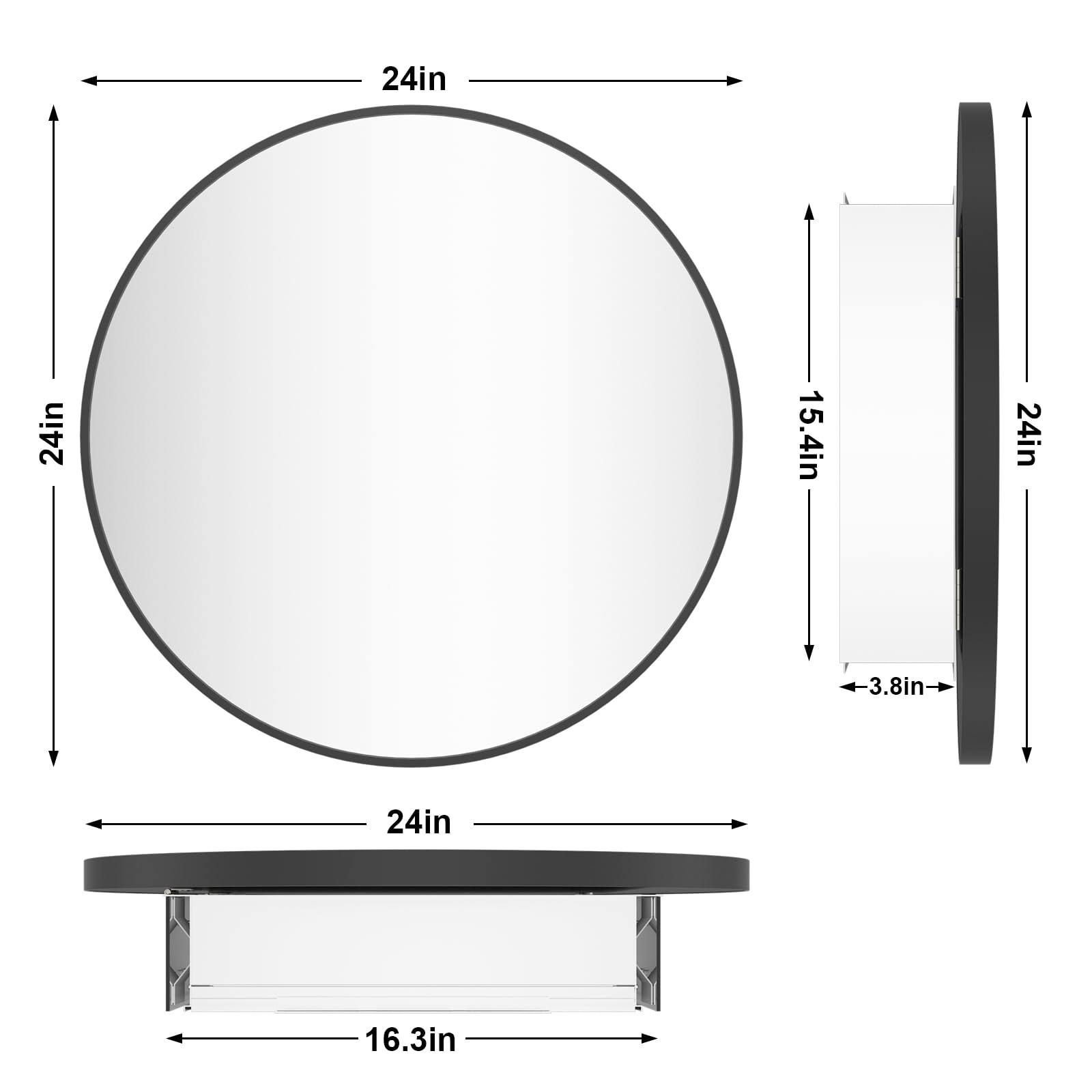 24 Inch Black Round Wall Mounted Medicine Cabinet with Mirror - Aluminum Alloy Metal Frame, Surface Mount Bathroom Storage | Perfect for Small Bathrooms, Powder Rooms & Vanity Areas