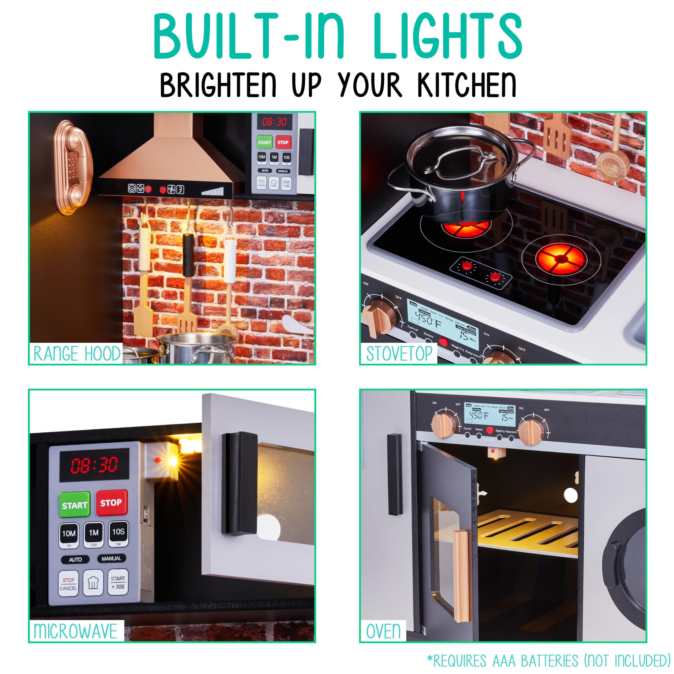 Lil' Jumbl Kids Wooden Play Kitchen Set with Realistic Sounds & Lights - Battery Operated Icemaker, Microwave, Stove, Oven & Range Hood - Includes Pots, Pans & Utensils - Perfect for Pretend Cooking & Role Play Games for Toddlers & Preschoolers