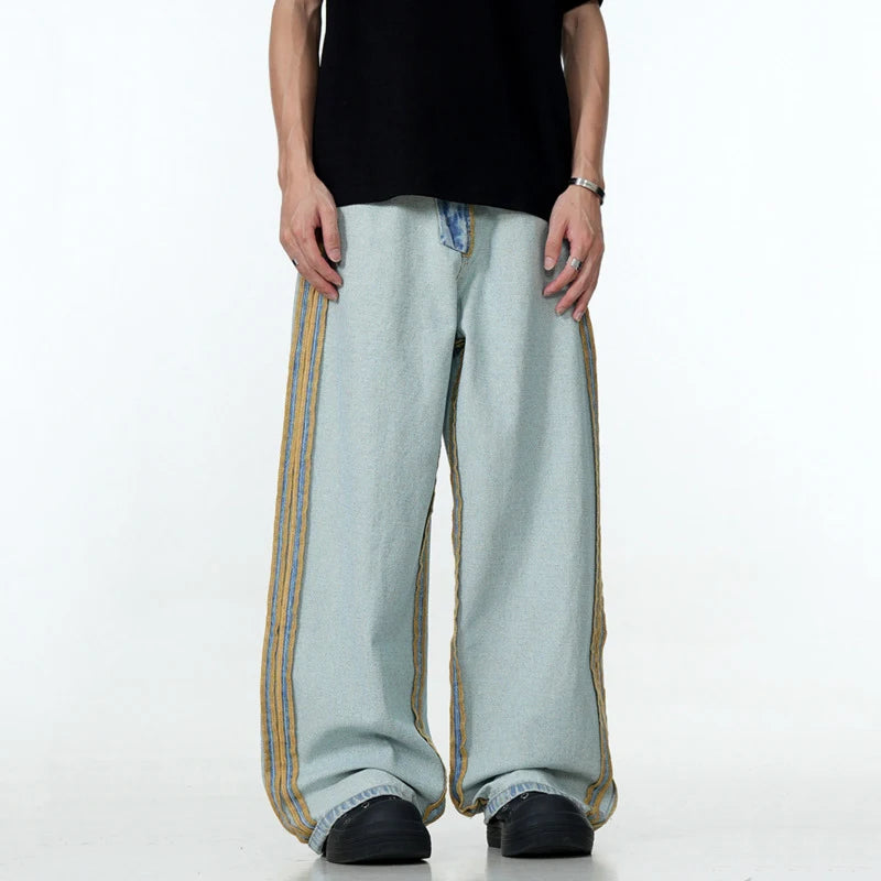 Men's American Wide Leg Jeans with Side Stripes - Solid Color Washed Denim Pants with Zipper Pockets | Straight Cylinder Fit for Winter 2024 | Casual Streetwear, Office Style & Everyday Comfort