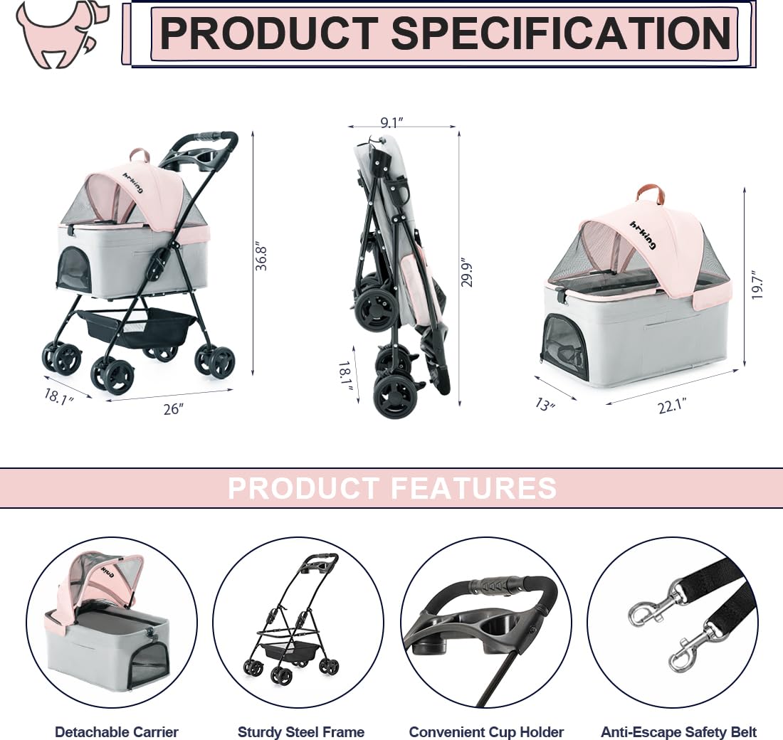 3-in-1 Folding Lightweight Pet Stroller for Small Dogs & Cats - Portable Jogging Stroller with Detachable Carrier, Cup Holder & Storage Basket - Ideal for Walking, Shopping & Outdoor Adventures (4 Wheels)