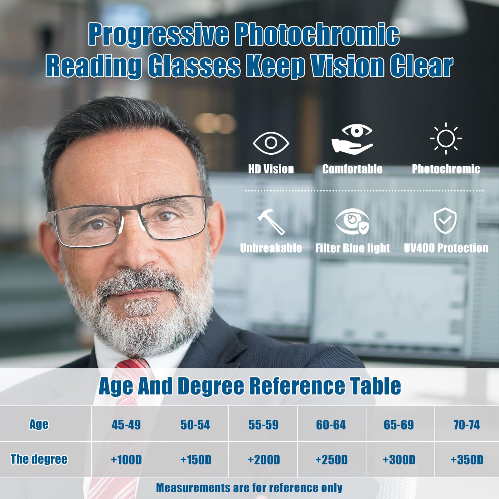 Photochromic Progressive Multifocal Reading Glasses for Men - Transition Lenses with Blue Light Blocking - Computer Glasses for Work & Reading (Indoor/Outdoor Use)