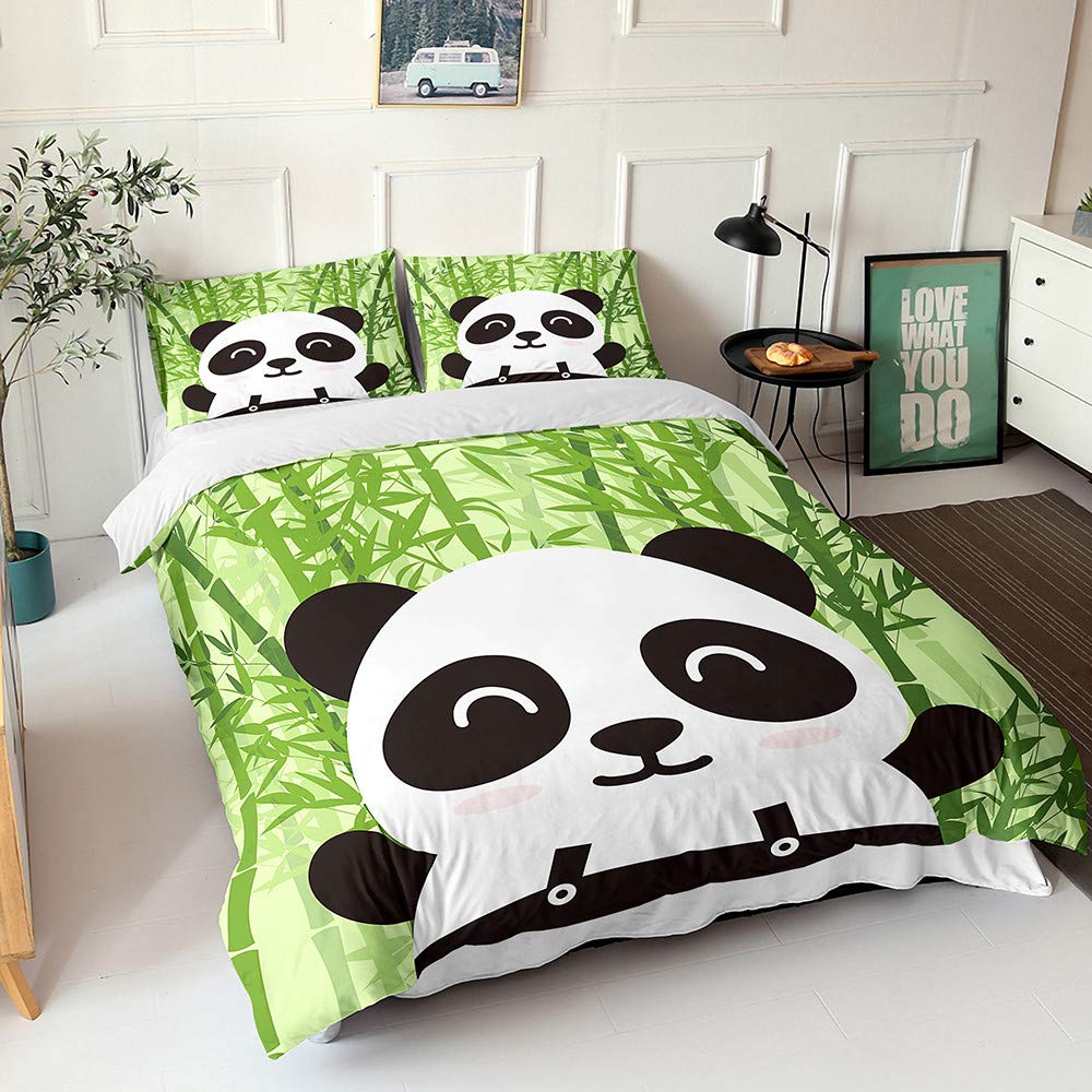 Luxury 3D Panda Bedding Set - Full Size Green Kids Duvet Cover with Pillowcase (3pc) | Soft Microfiber Animal Print Bed Set | Twin/Full/Queen/King Size Options | Perfect for Kids' Rooms, Nursery Decor & Themed Bedrooms (No Comforter Included)