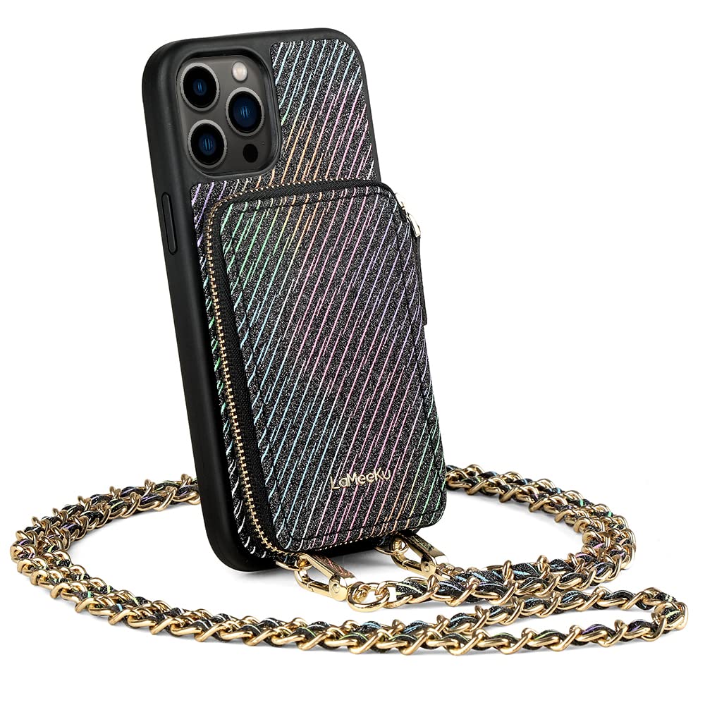 LAMEEKU iPhone 12 Pro Max Leather Wallet Case with RFID Blocking & Crossbody Strap - Glitter Card Holder Phone Cover for Apple iPhone 12 Pro Max 6.7 Inch | Perfect for Travel, Shopping & Daily Use