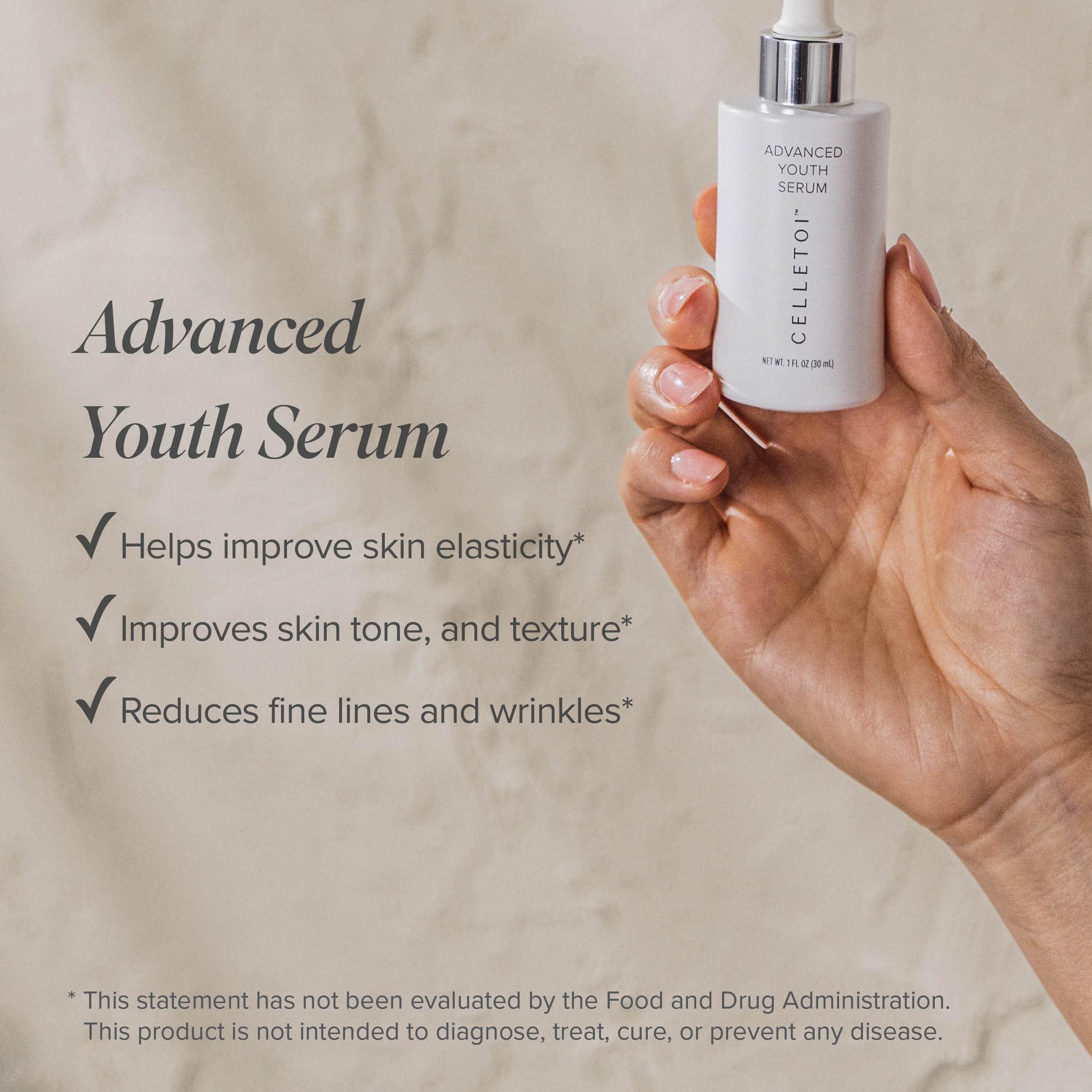 Isagenix Celletoi® Advanced Youth Serum - Anti-Aging Firming Face Serum for Wrinkles & Fine Lines, Dermatologist Tested, Vegan & Cruelty Free - Improves Skin Elasticity & Hydration - 1.0 fl oz - Perfect for Nighttime Skincare Routine & Daily Anti-Wrinkle Treatment