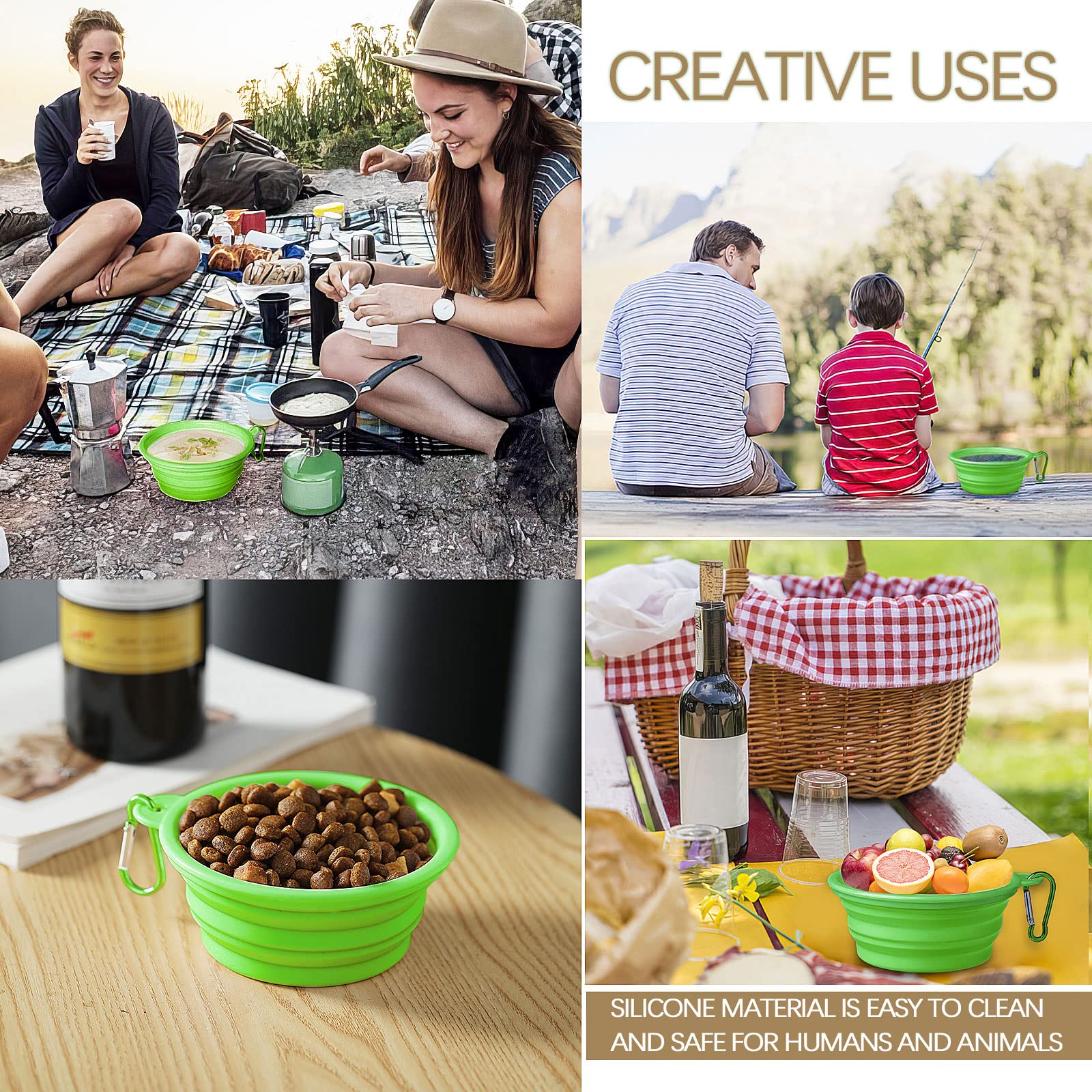 Collapsible Dog Bowl - Portable Silicone Pet Food & Water Dish with Lid & Carabiner for Dogs & Cats, 15oz Travel-Friendly Collapsible Bowl for Hiking, Camping, Travel - Perfect for Outdoor Adventures & Daily Walks (Green)