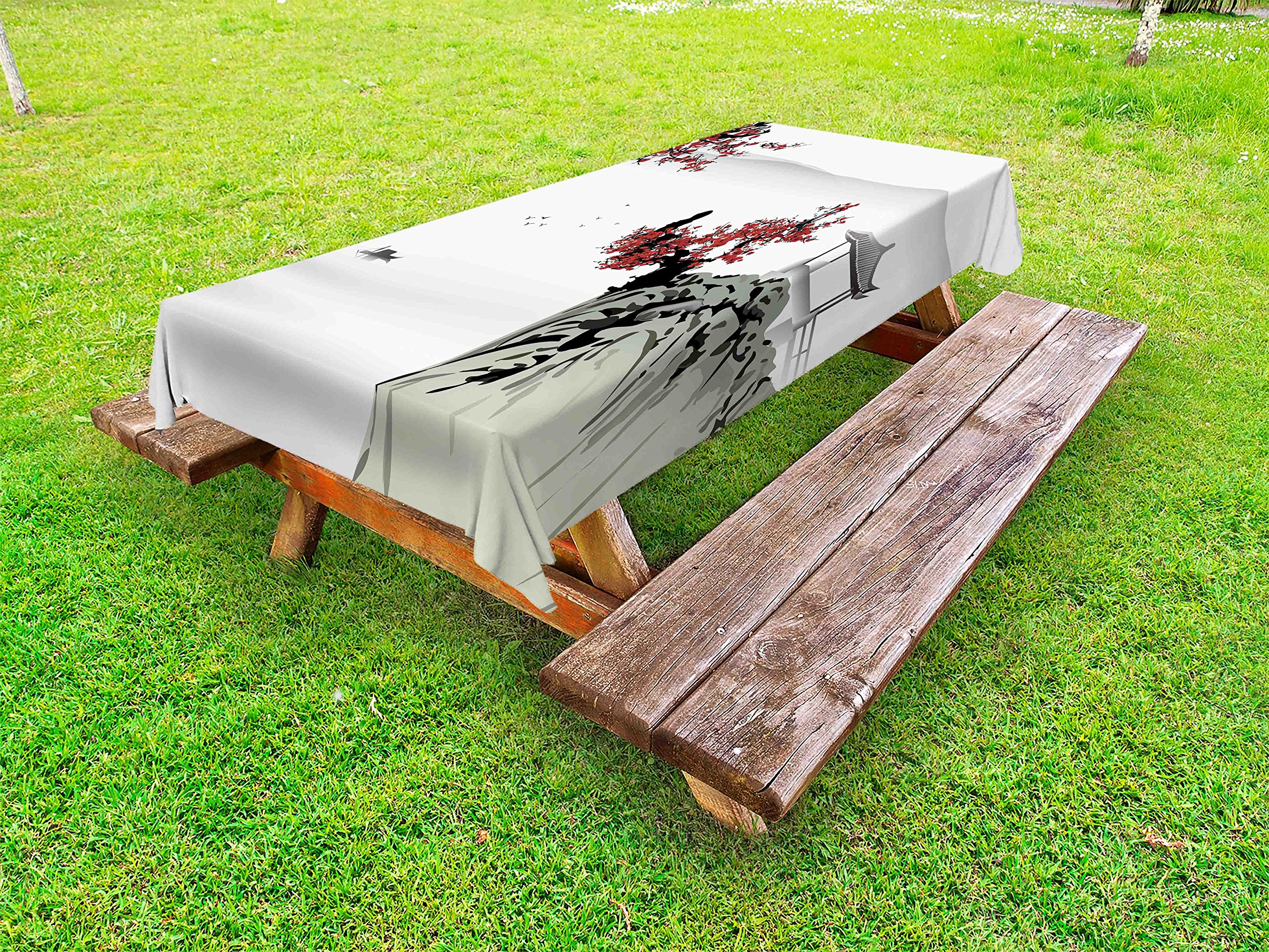 Ambesonne Asian Outdoor Tablecloth - Cherry Blossom River Scenery with Boat Design, Washable Picnic Table Cover 58x84 Inches, Ruby Pale Grey - Perfect for Garden Parties, Outdoor Dining & Cultural Events
