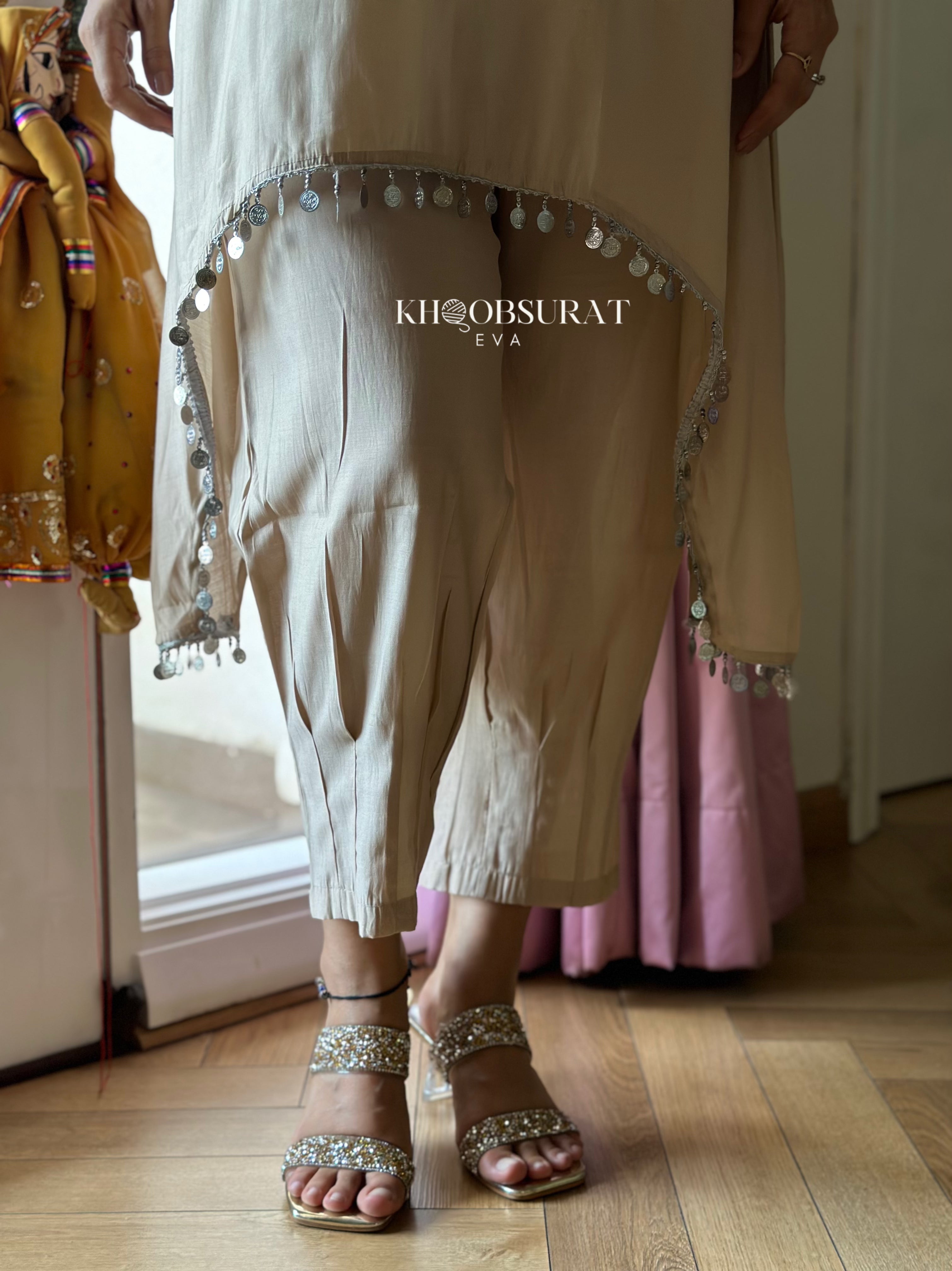 Bonjour Begum Beige Sequin Kurta Set - Elegant Indian Embroidered Top & Pants Outfit for Women | Perfect for Weddings, Parties & Festive Occasions