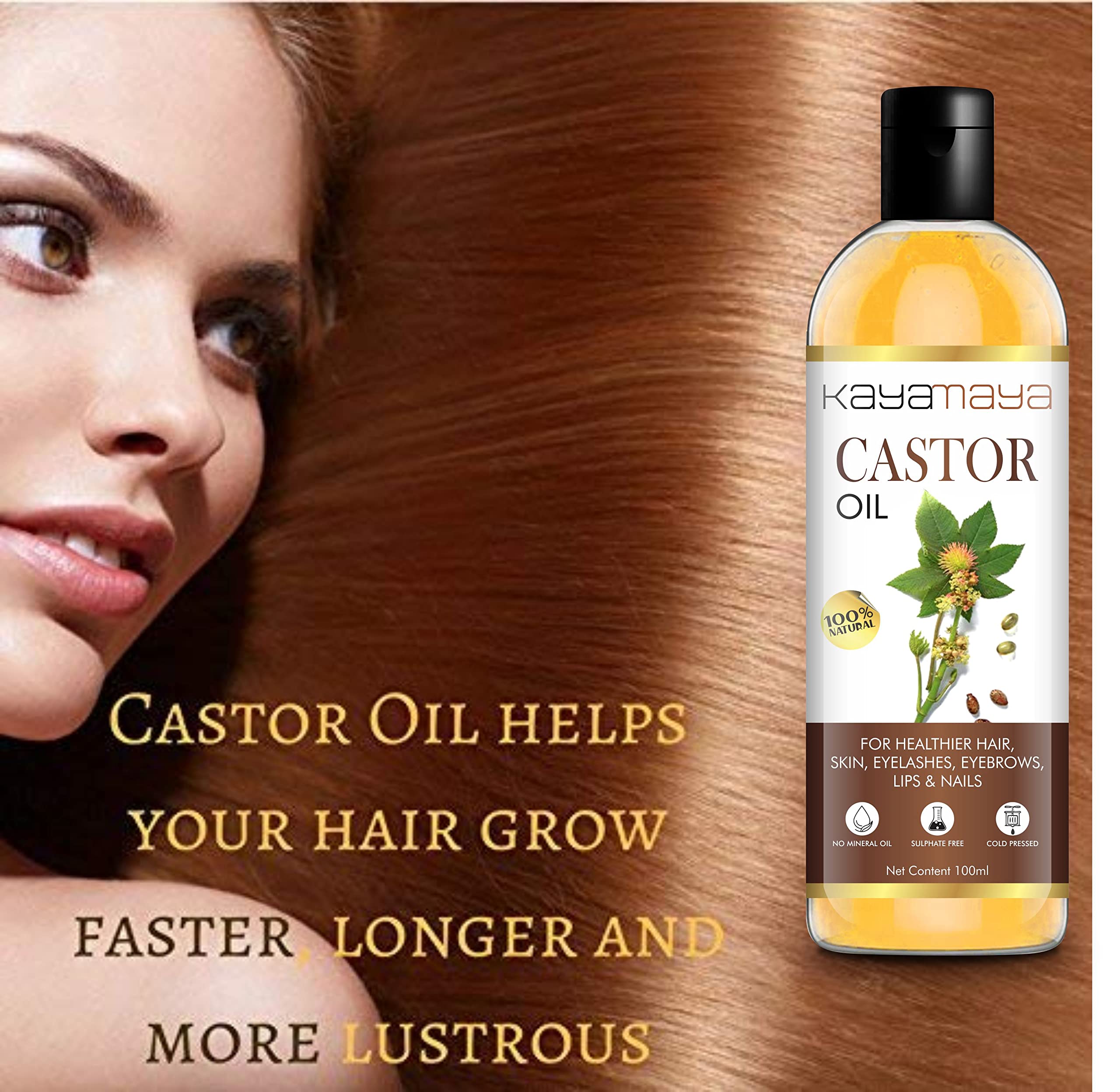 Kayamaya Premium Cold Pressed Castor Oil for Hair Growth, Skin Care & Eyelash Treatment - 100% Pure Natural Hair Oil (100ml) - Perfect for Daily Hair Nourishment, Scalp Massage & Beauty Routine