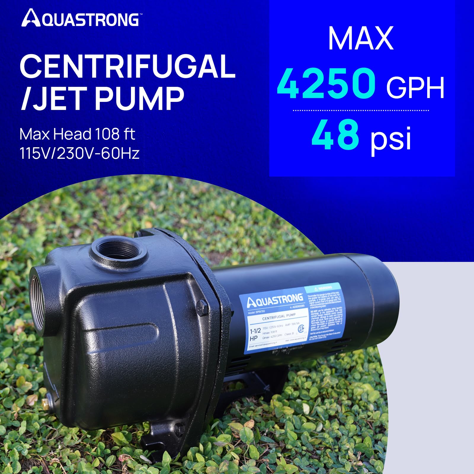 **AQUASTRONG 1.5 HP Shallow Well Jet Pump & Centrifugal Pump – 4250 GPH, 115V/230V, Cast Iron Booster Pump for Lawn Sprinkler & Garden Irrigation – Ideal for Home, Farm & Outdoor Watering Systems**