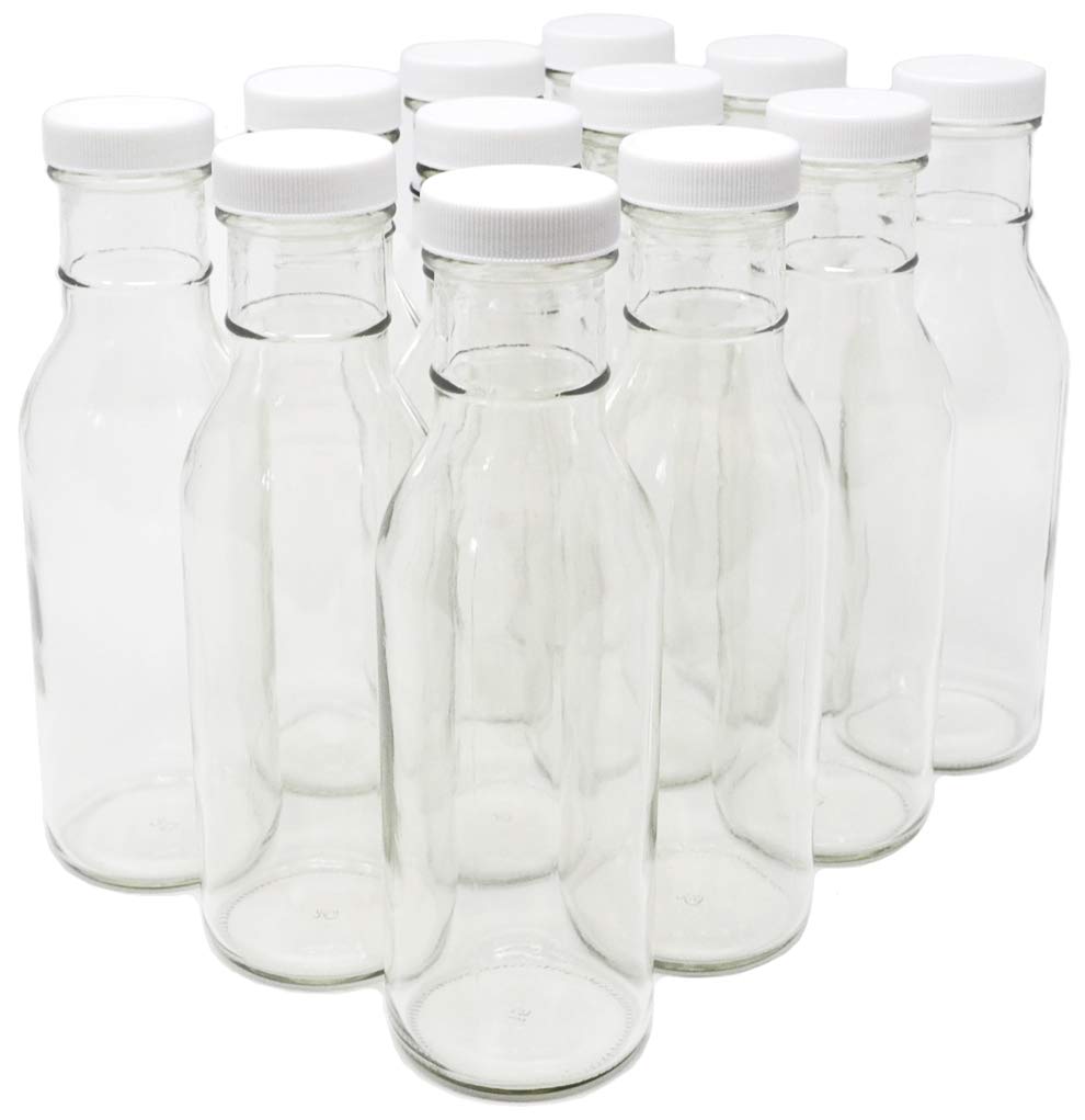 Premium Clear Glass Beverage & Sauce Bottles - 12 Oz with White Caps - 4 Cases (12 Units Each, 48 Total) - Ideal for Restaurants, Catering, Home Bars & DIY Craft Projects