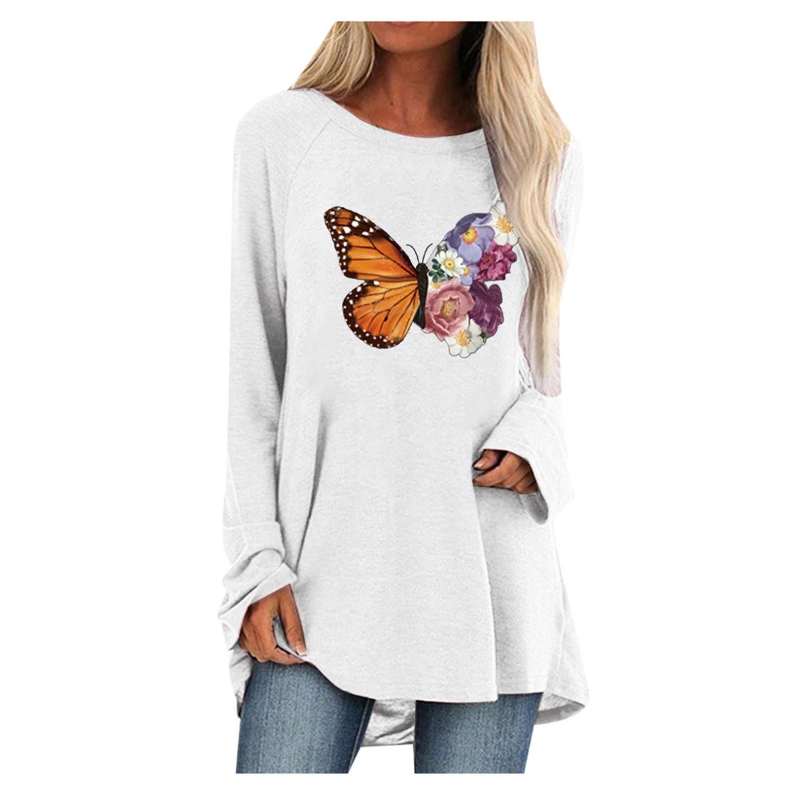 Women's Oversized Long Sleeve Crew Neck T-Shirt with Butterfly Print - Casual Loose Fit Blouse for Everyday Wear, Layering & Street Style Fashion