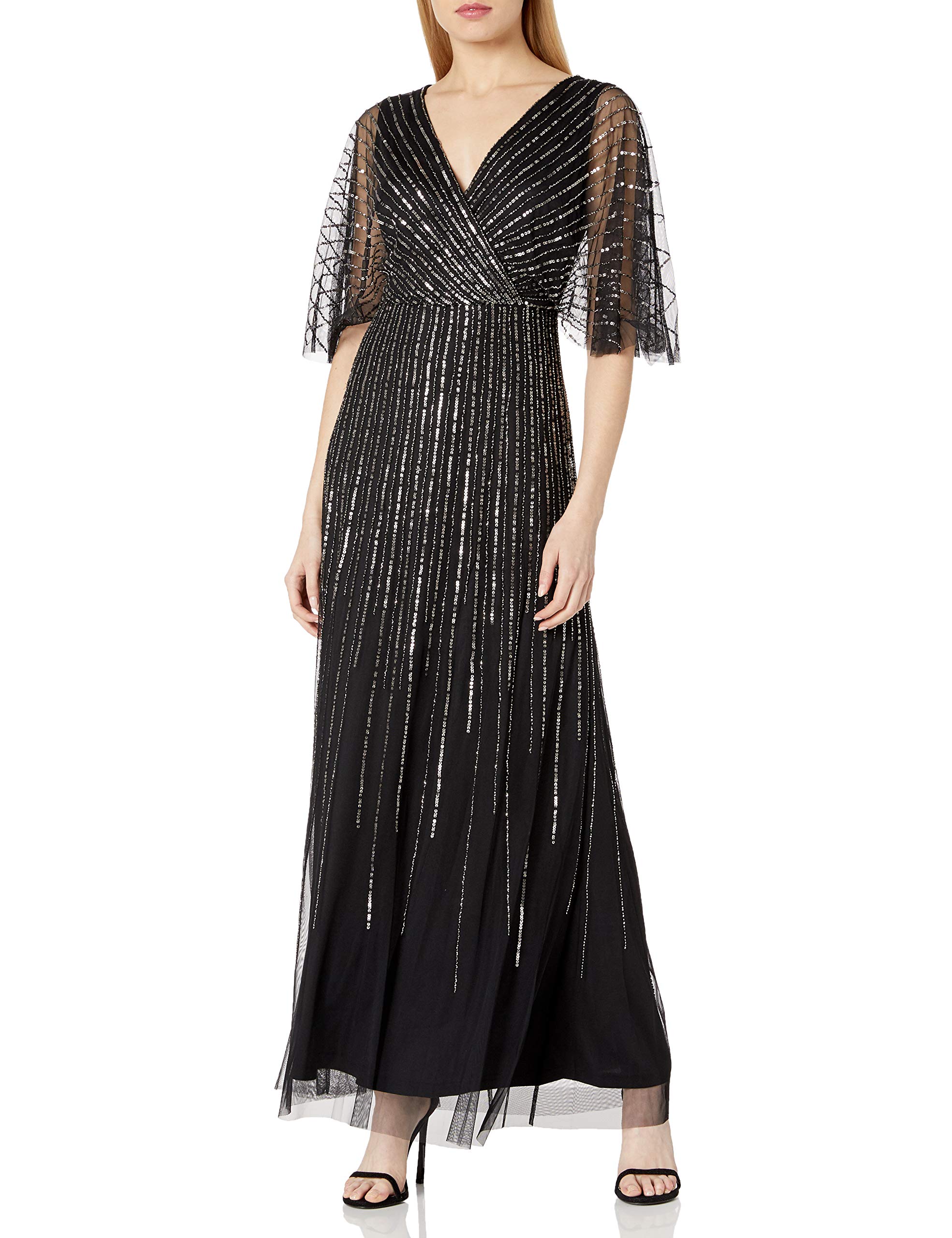Adrianna Papell Women's Sequin V-Neck Party Dress with Flutter Sleeves - Elegant Evening Gown for Cocktail Parties, Weddings & Special Occasions