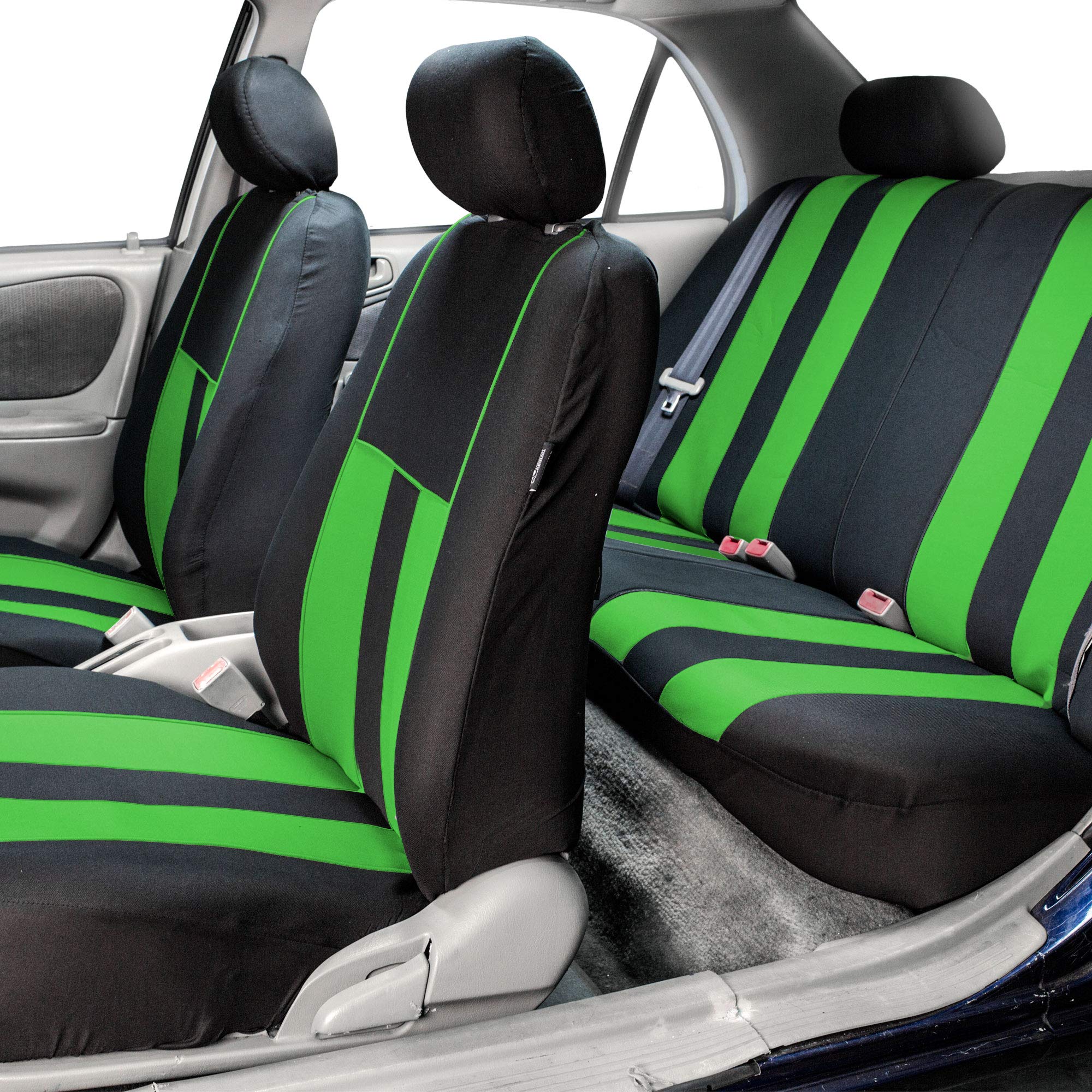 FH Group 3-Row 7-Seater Car Seat Covers - Airbag & Split Bench Compatible, Universal Fit for Cars, Trucks & SUVs (Green/Black Striped) | Durable Protection for Family Road Trips & Daily Commutes