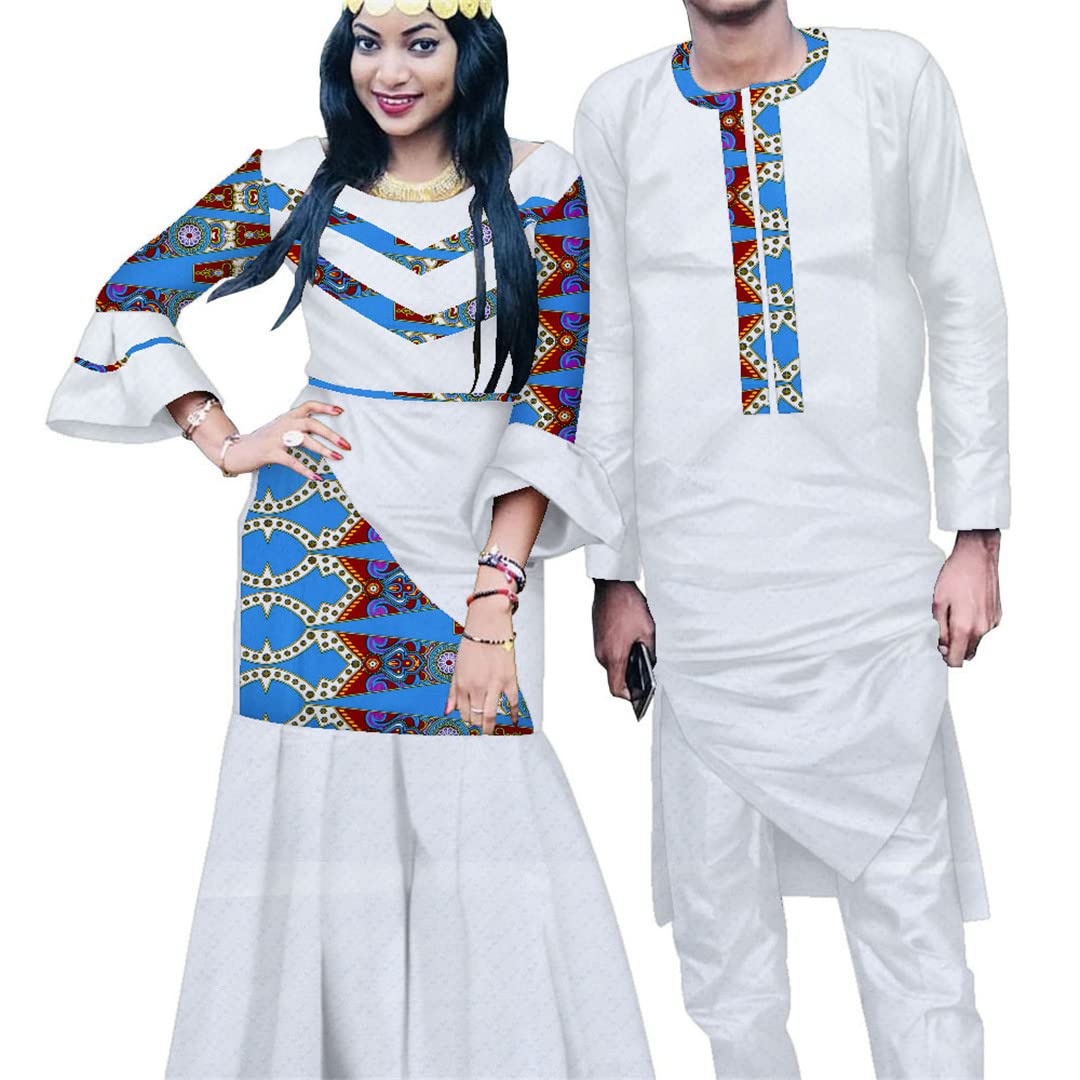 African Couple Dashiki Print Matching Outfits - Men's Long Robe Suit & Women's African Dress Set 24FS1244 S | Traditional Wedding, Anniversary & Cultural Celebration Attire