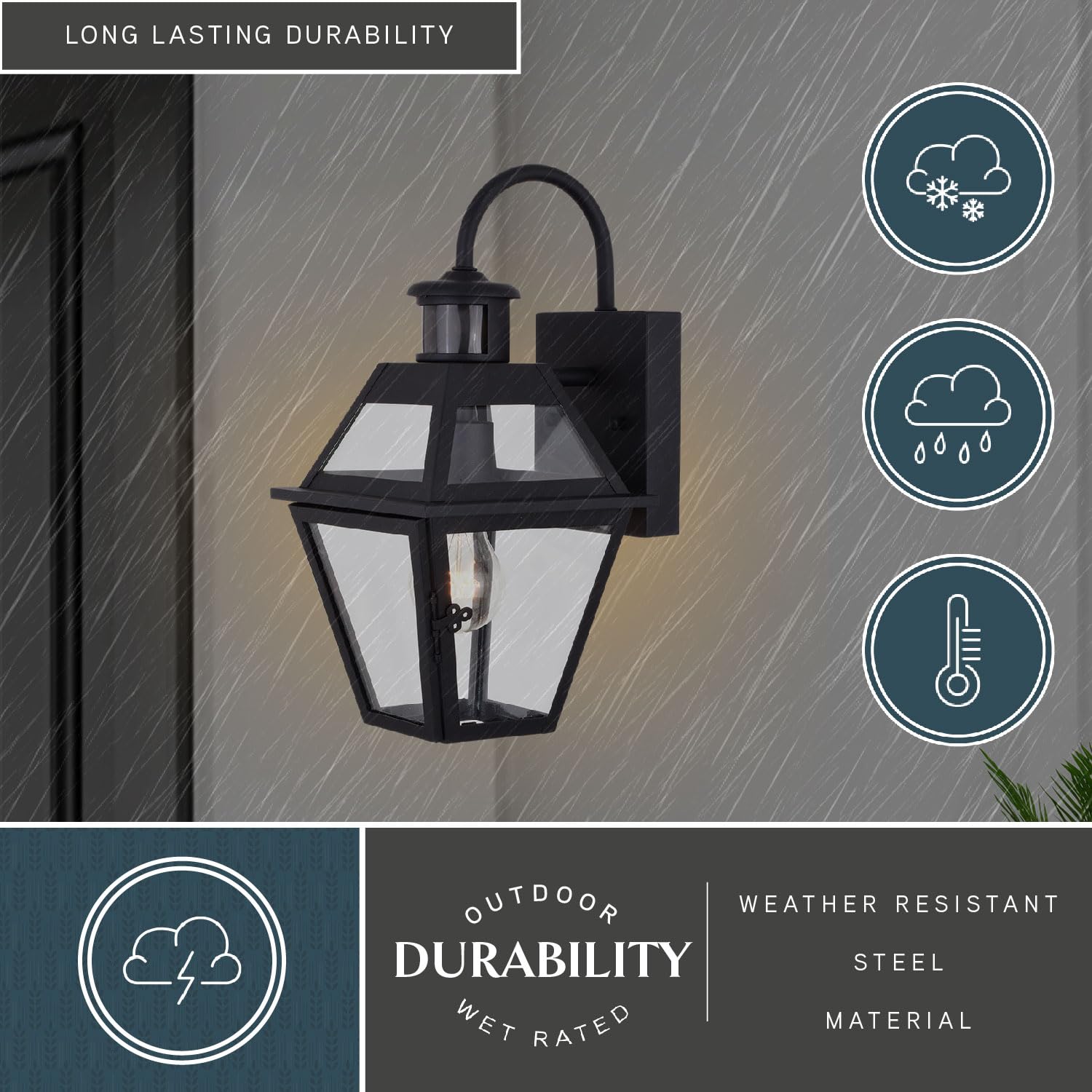 VAXCEL Nottingham 7-inch Black Motion Sensor Outdoor Wall Light with Clear Glass - Weatherproof Dusk to Dawn Security Lighting for Porch, Garage & Entryway