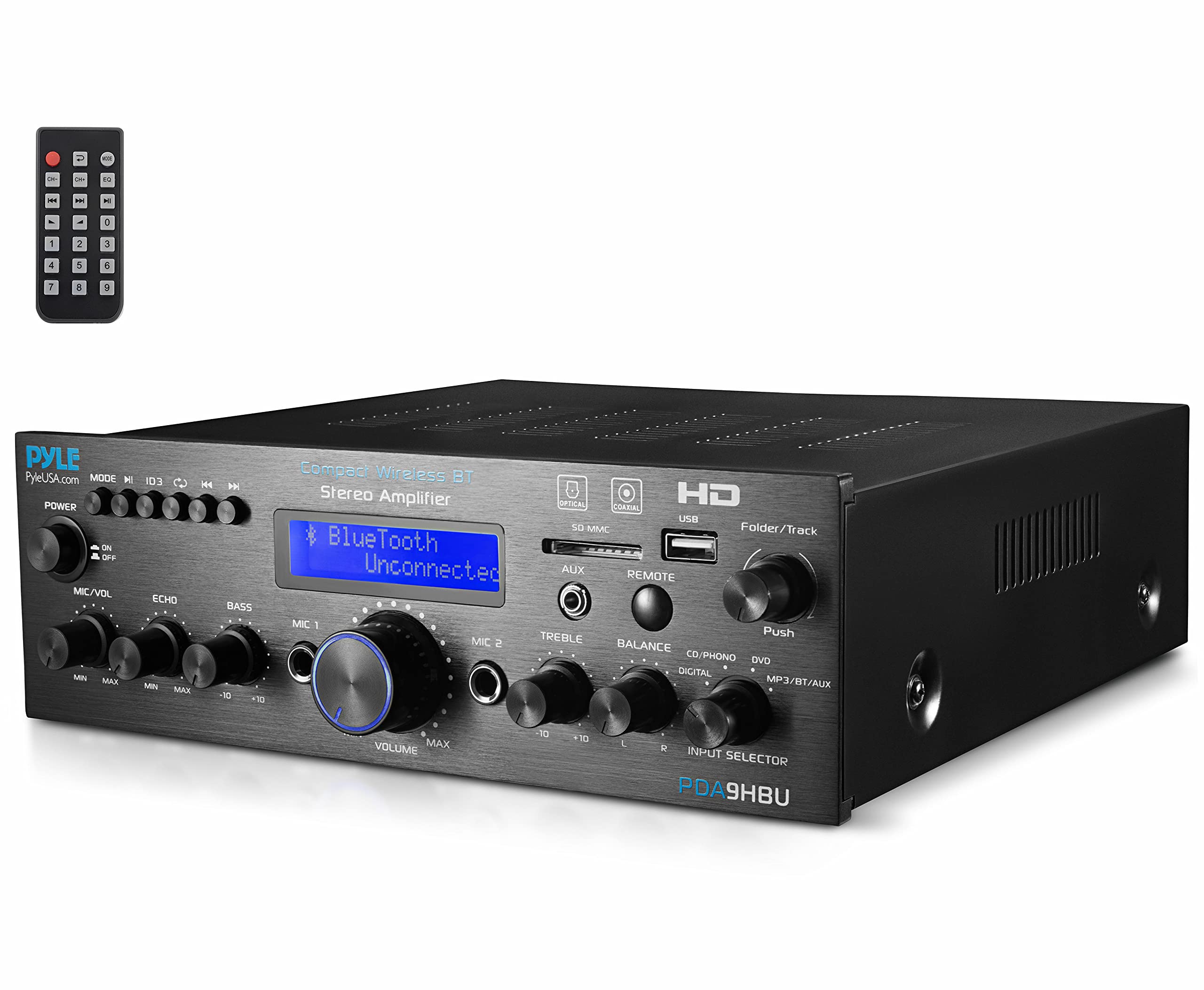 Pyle Wireless Bluetooth Home Stereo Amplifier - 200W Multi-Channel Power Amplifier Audio Receiver with HDMI, Optical/Phono/Coaxial, FM Radio, USB/SD, AUX, RCA & Mic Inputs - Remote Control - PDA9HBU - Perfect for Home Theater, Karaoke & Music Streaming Systems