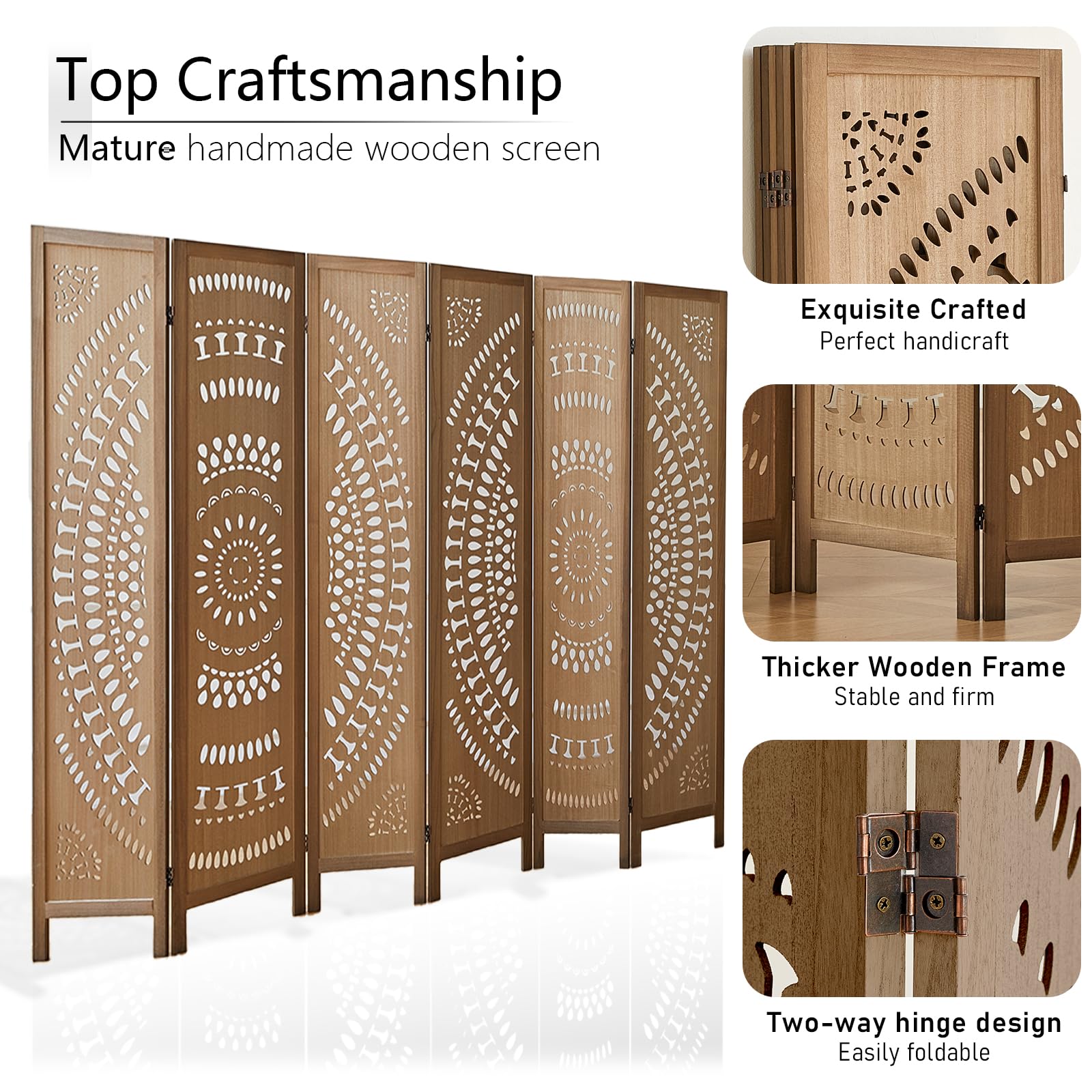 5.6 FT Tall Wooden Room Divider - 6 Panel Folding Privacy Screen for Home, Bedroom & Office | Handcrafted Eco-Friendly Carved Partition Wall (Brown) | Perfect for Creating Private Spaces, Home Decor & Room Separation