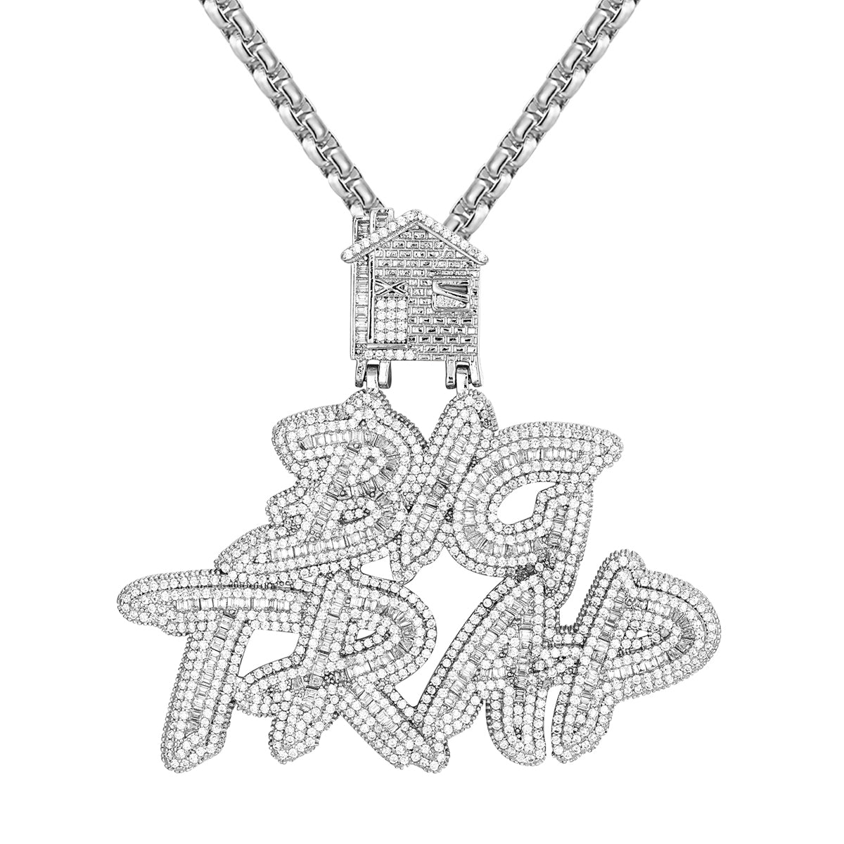 White Gold Tone Big Trap House Men's Baguette Icy Pendant Necklace - Hip Hop Jewelry for Men, Streetwear Accessory, Gift for Rappers & Urban Fashion Lovers