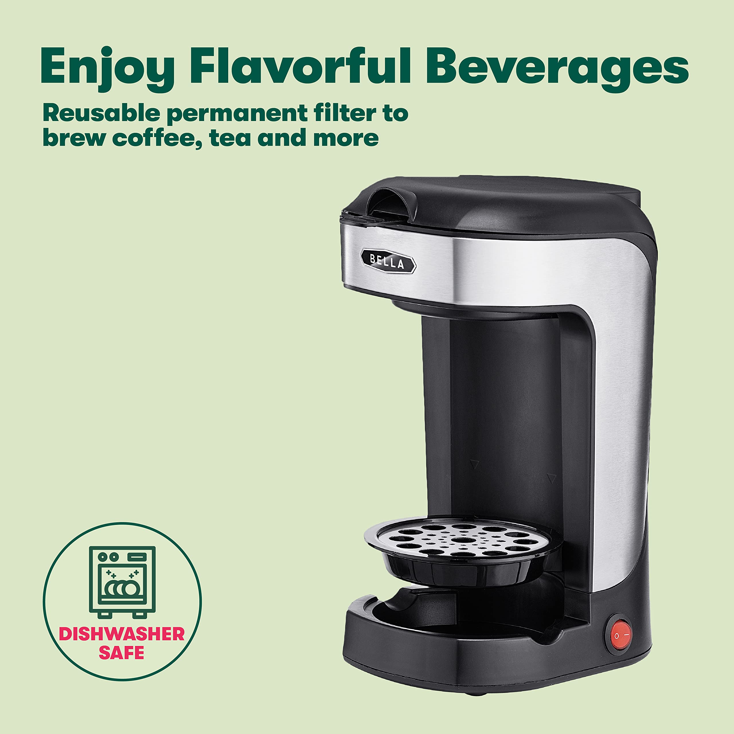 BELLA Single Serve Coffee Maker - One Scoop One Cup Brewer with Adjustable Drip Tray & Permanent Filter, Dishwasher Safe Stainless Steel - Perfect for Home, Office & Dorm Room Coffee Brewing