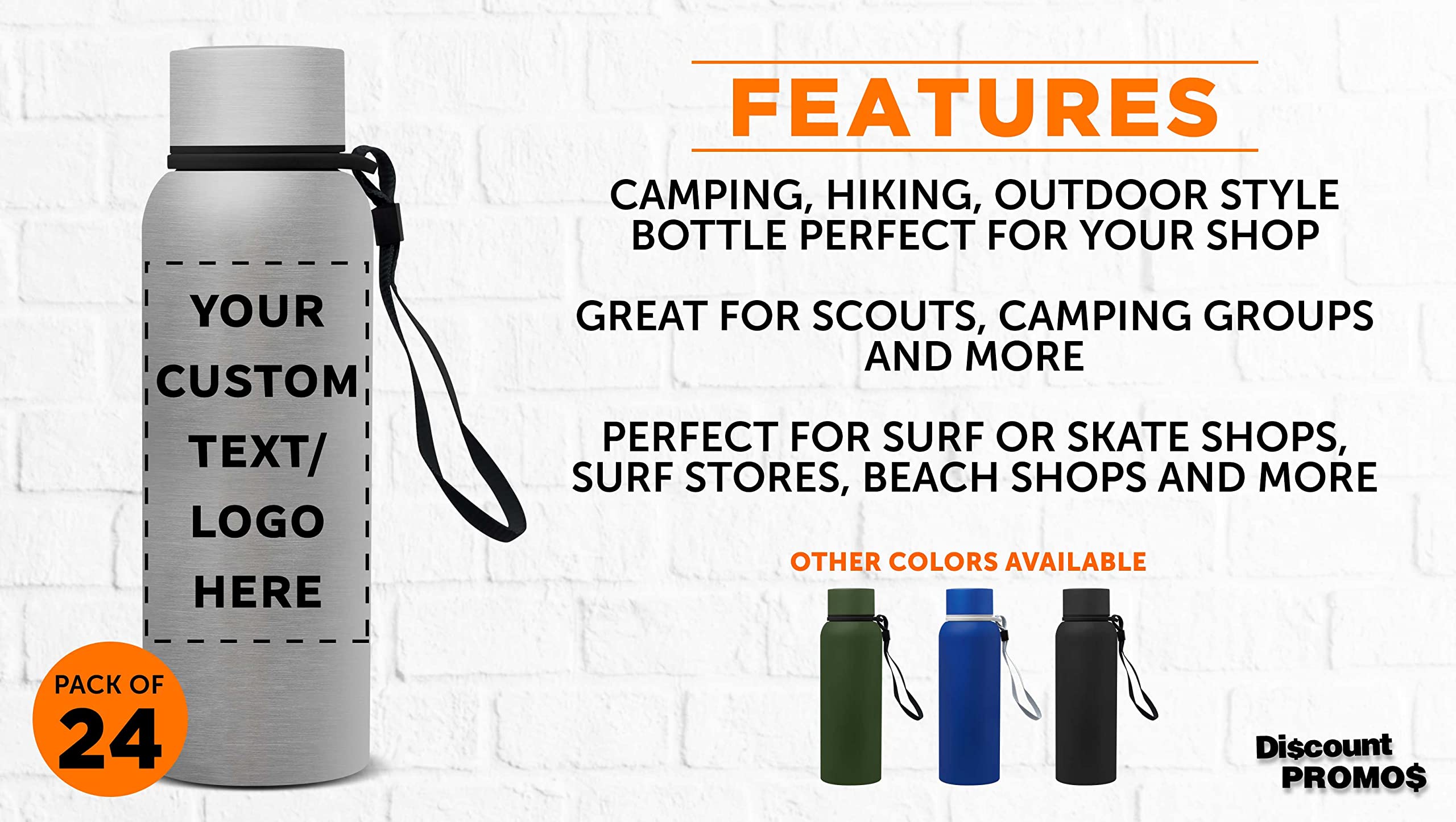 Custom Personalized 17 oz Ransom Water Bottles with Strap - Bulk Pack of 24 - Ideal for Corporate Events, Team Giveaways & Business Promotions - Silver Stainless Steel Bottles for Gym, Office & Outdoor Activities