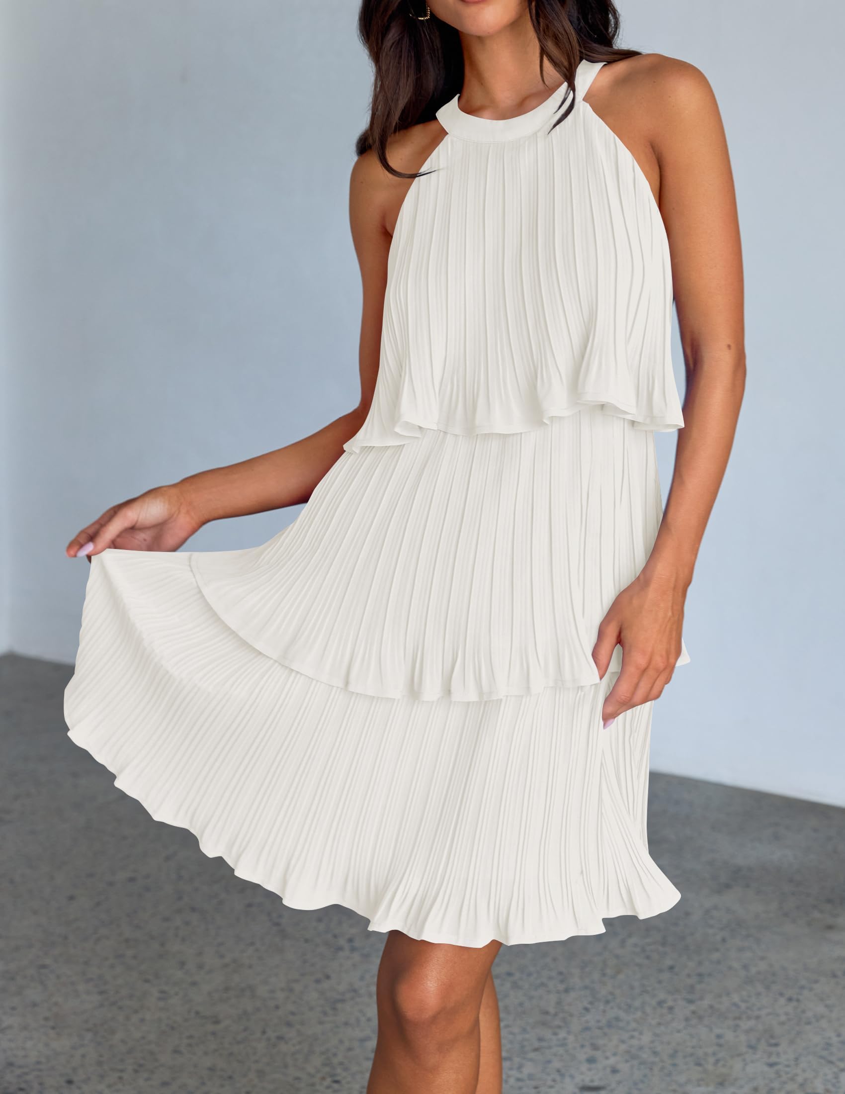 ZESICA Women's Summer Halter Dress 2025 - Sleeveless Ruffle Tiered Chiffon Mini Dress with Pleated A-Line Swing Skirt | Perfect for Beach Vacations, Date Nights & Summer Parties