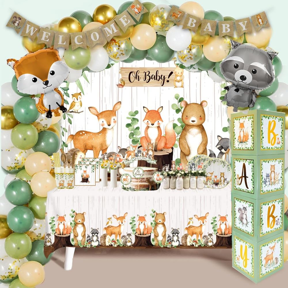 257-Piece Woodland Baby Shower Decorations Kit for Boys & Girls - Forest Animal Theme Gender Neutral Party Supplies with Backdrop, Banner, Balloon Garland, Tableware for 20 Guests | Perfect for Baby Showers, Nursery Decor, and First Birthday Parties