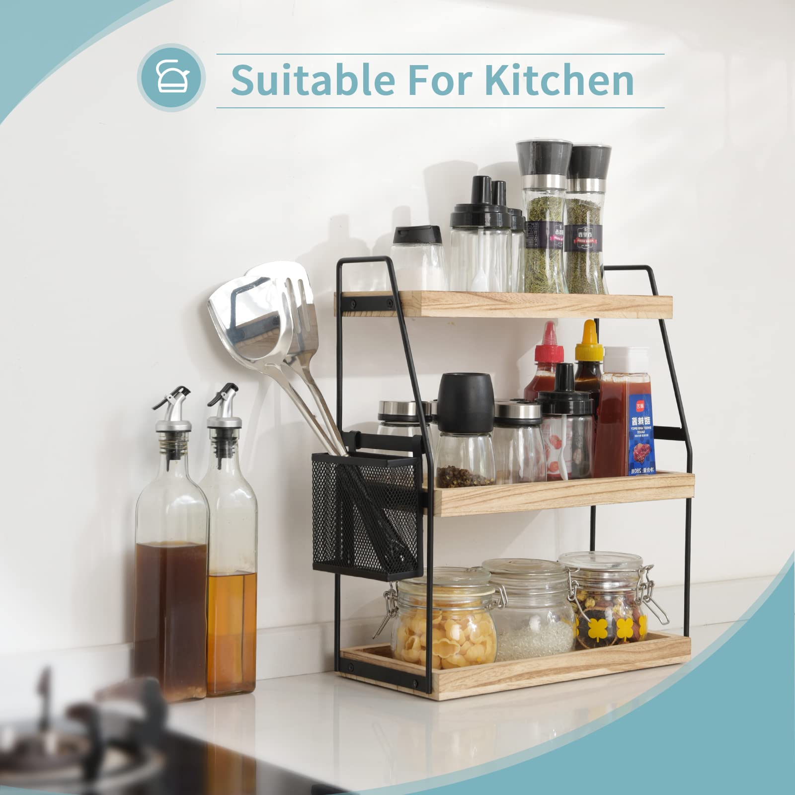 3-Tier Wooden Bathroom Organizer with Baskets - Countertop Storage Shelf for Vanity, Kitchen & Bathroom Organization - Perfect for Makeup, Toiletries & Small Essentials