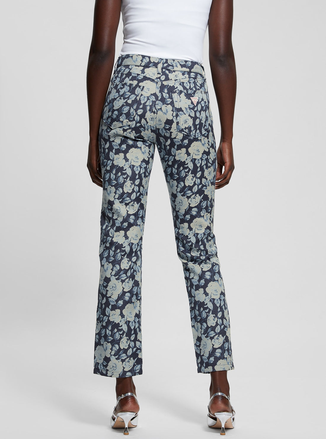 Blue Floral Jacquard Pants for Women - Elegant and Feminine High Waisted Trousers for Casual Wear, Office, and Special Occasions