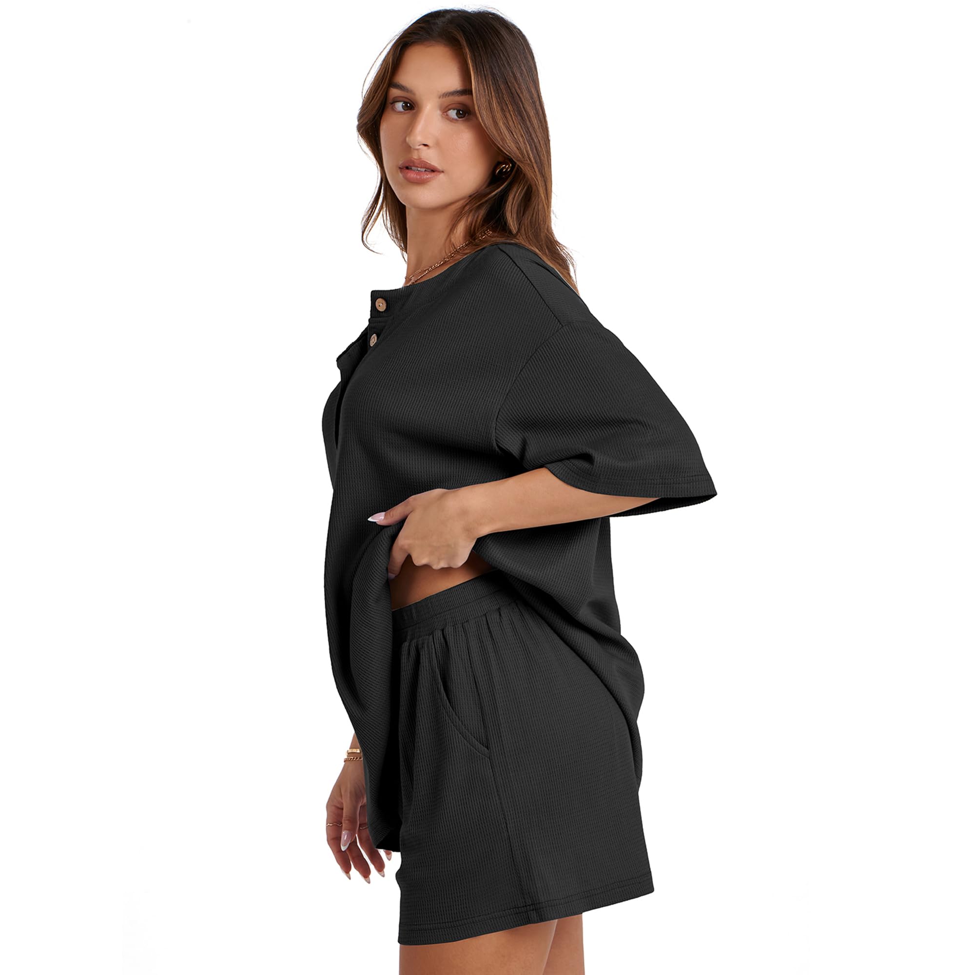 Waffle Knit Lounge Set for Women - 2 Piece Shorts & Top Outfit, Casual Matching Pajama Set | Perfect for Home Relaxation, Sleepwear & Cozy Weekends
