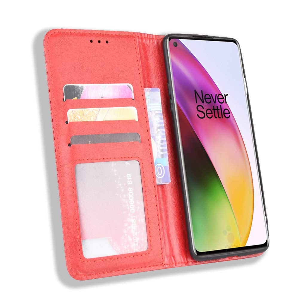 Premium PU Leather Flip Wallet Case for OnePlus 8 - Magnetic Closure Book Style Phone Cover with Card Slots | Perfect for Business, Travel & Daily Protection (Red)