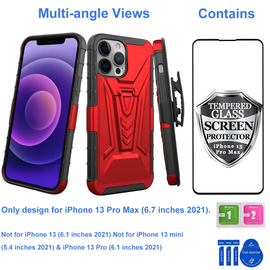 Ailiber Heavy Duty Shockproof iPhone 13 Pro Max Case with Screen Protector, Swivel Belt Clip & Kickstand - Full Body Protection for iPhone 13 Pro Max 6.7 Inch (Red) - Perfect for Outdoor Activities, Construction Work & Extreme Sports