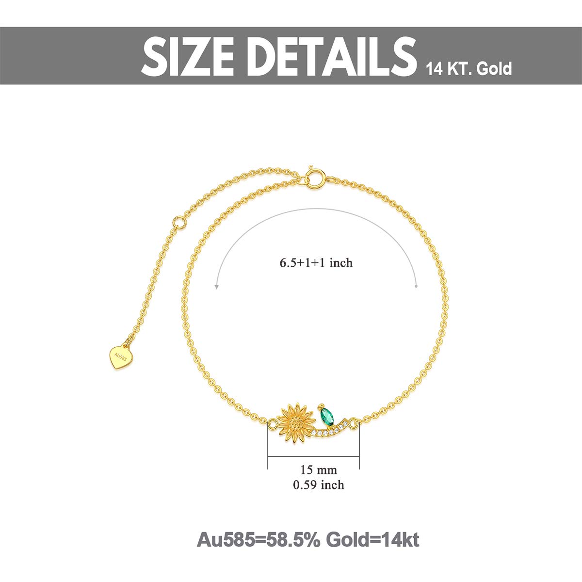 14k Solid Gold Sunflower & Heart Charm Bracelet for Women - Dainty Adjustable Bracelet for Girls, Graduation Gifts, Birthday Present, Valentine's Day Jewelry - Perfect for Everyday Wear & Special Occasions