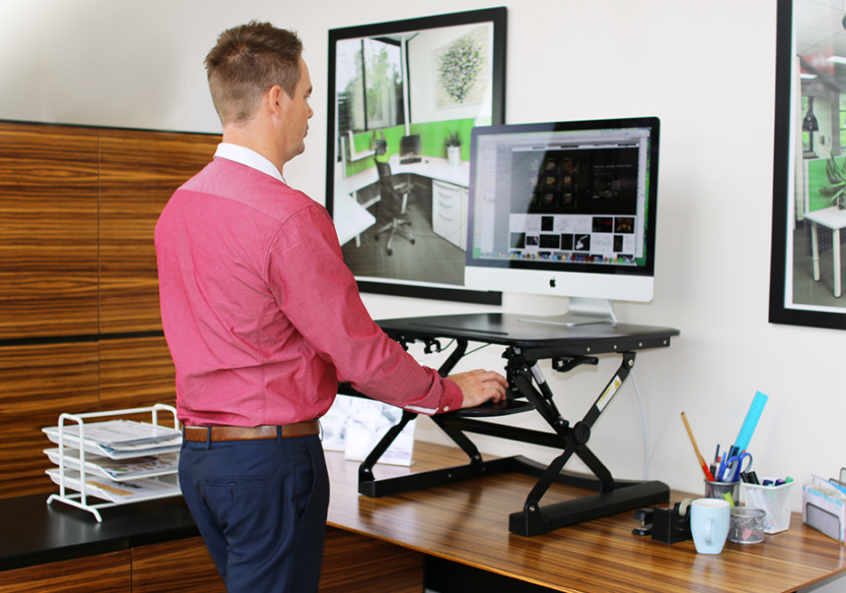 Ergonomic ARISE DESKALATOR Standing Desk Converter with Free Anti-Fatigue Mat - Adjustable Height Riser for Home & Office Workspace - Perfect for Computer, Laptop & Monitor Setup