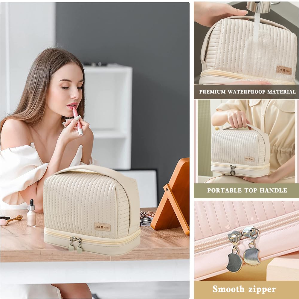 Waterproof Leather Cosmetic Bag Set of 3 - Cute Travel Makeup Organizer with Handle & Zipper for Women | Portable Toiletry Bags for Travel, Gym & Daily Use (Off-White)