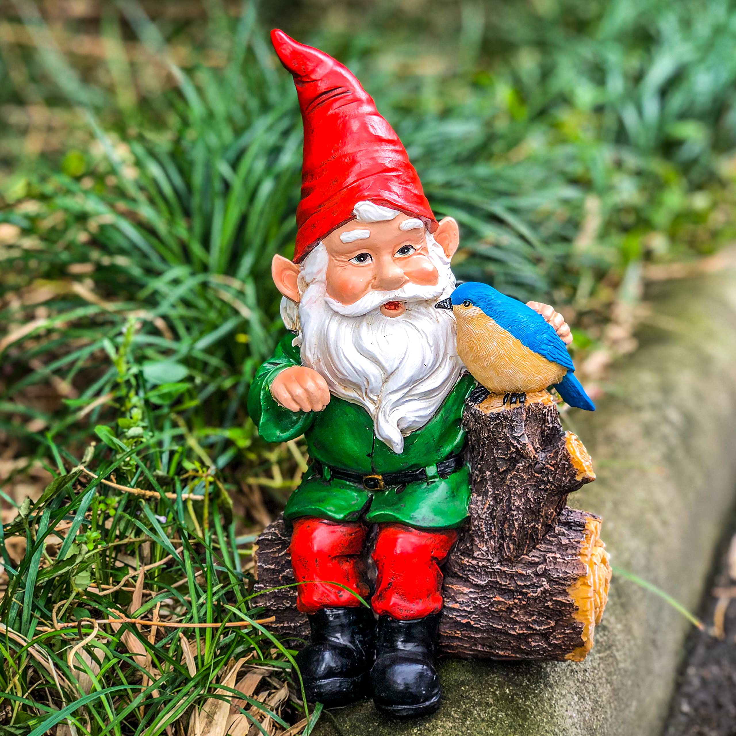 Garden Gnome Statues with Bird - Resin Sculpture Gnome Sitting on Stump - Outdoor Decor for Yard, Patio & Lawn - Perfect for Garden, Backyard & Landscape Decoration